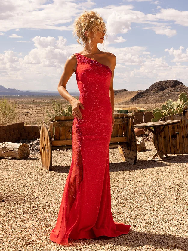 Red Lace One Shoulder Prom Dress