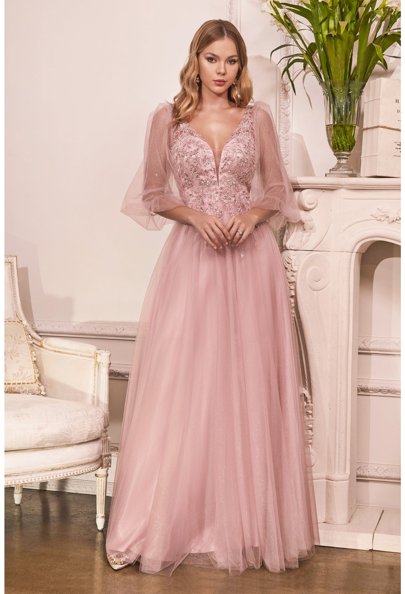 A-Line Lace Pink Prom Dresses V-Neck Cap-Sleeves Dresses