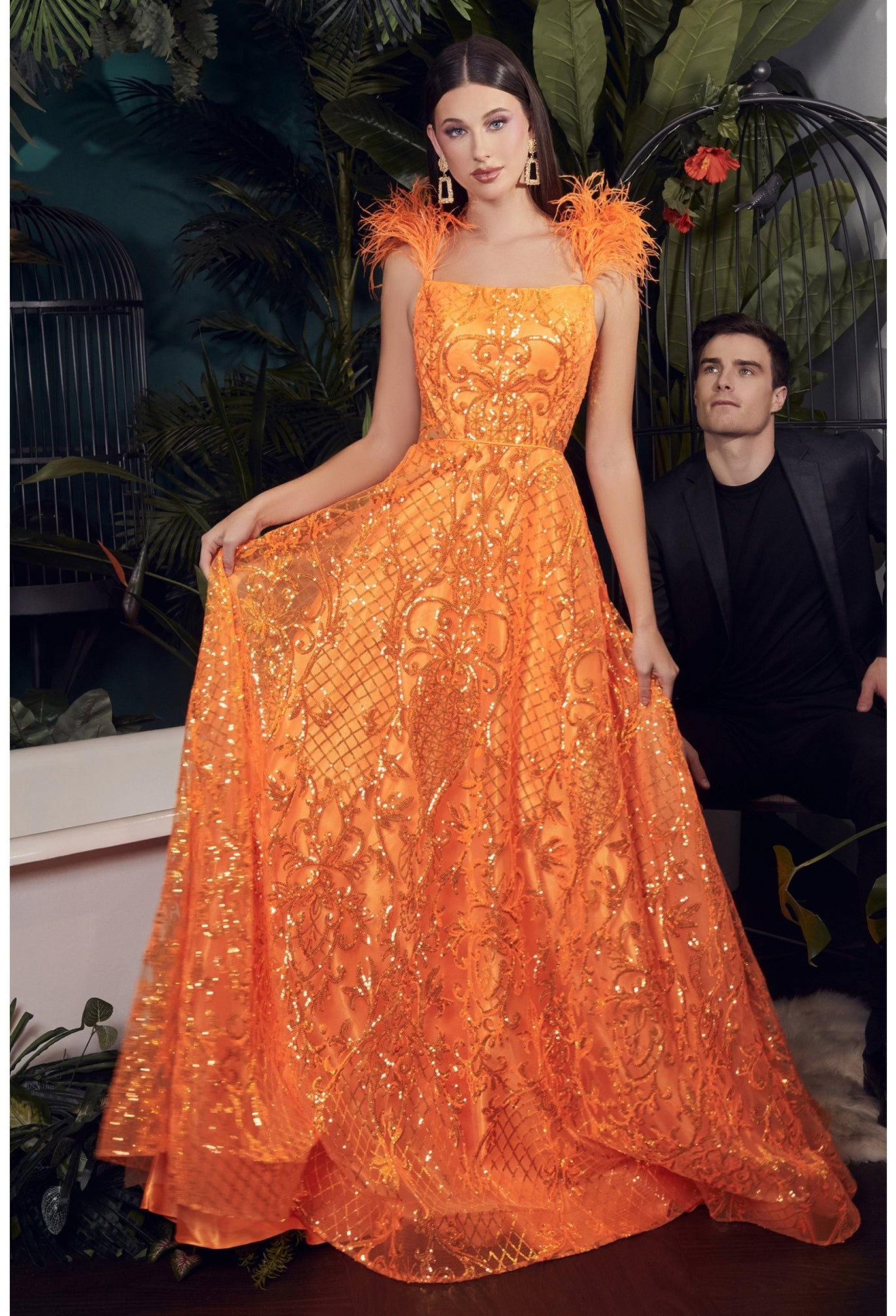 Sweetheart Neck Orange Lace Prom Dresses Long, Orange Floral Lace
