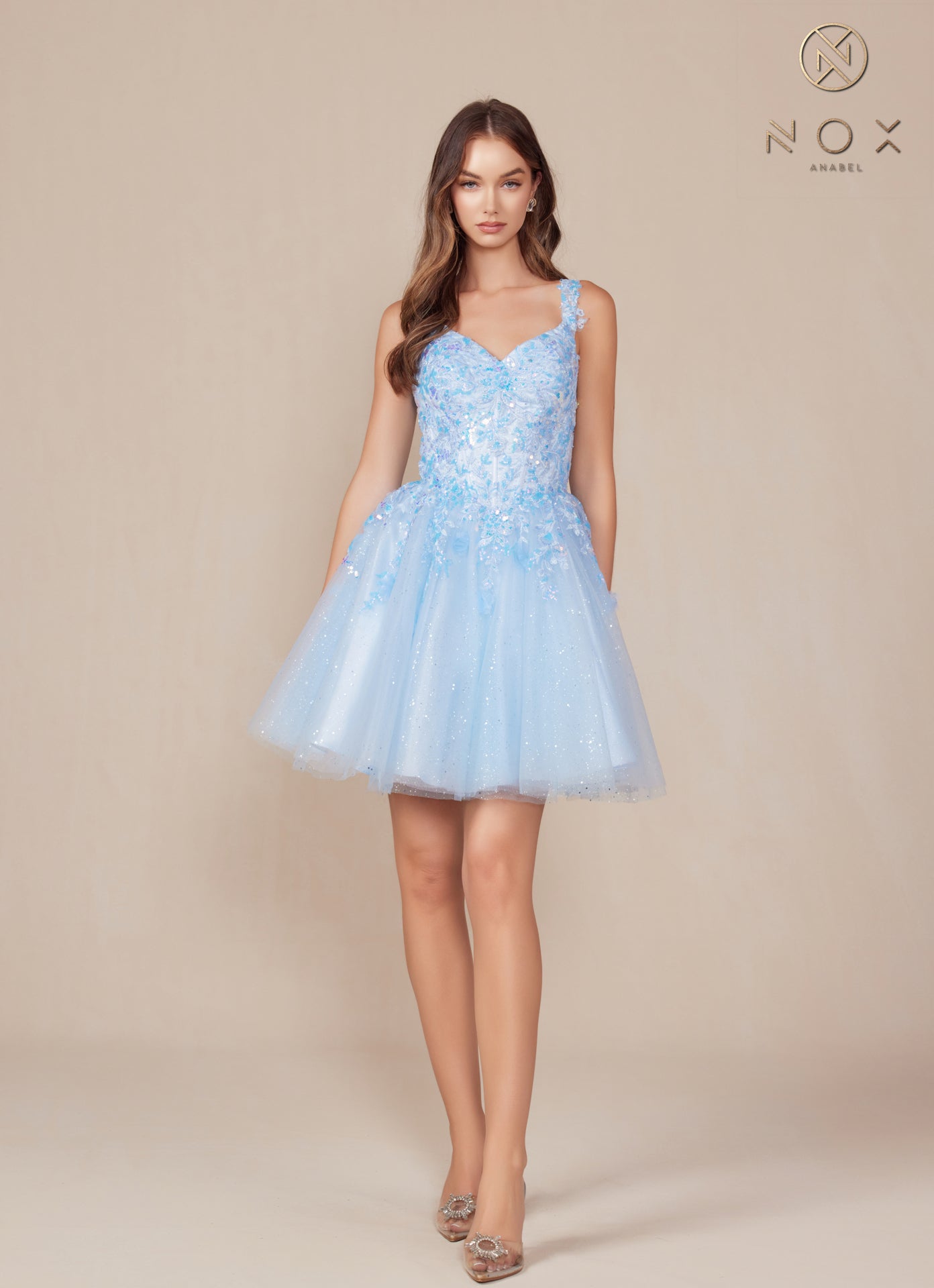 Nox Anabel H846 Short Shimmer Lace Homecoming Dress Sequin Corset Cocktail Gown