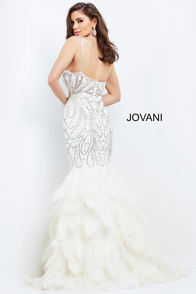 Jovani 04625 Long Feather Mermaid Skirt Crystal Bodice Formal