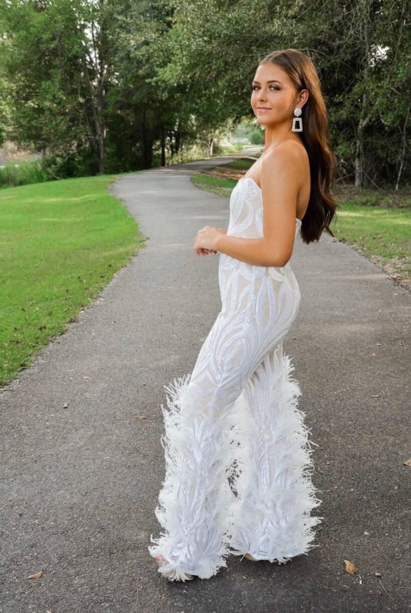 Blue And White Satin Strapless Jumpsuit Formal With Feathers, Beading, And  Side Train Perfect For Special Occasions And Proms From Queenshoebox,  $139.9