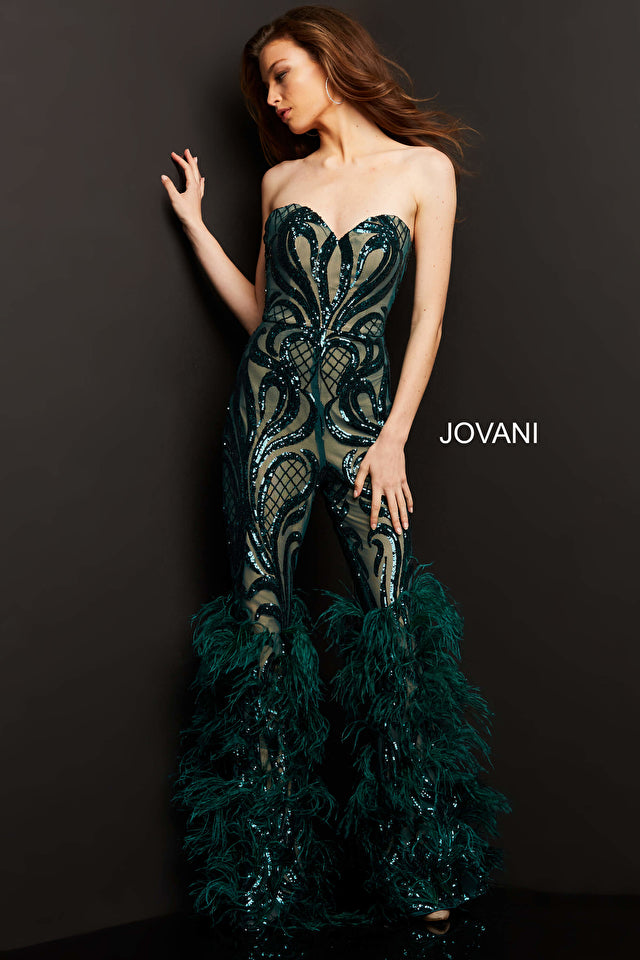 Jovani 05669 Embellished Sweetheart Neck Strapless Couture Feathered Jumpsuit Closure: Invisible Back Zipper with Hook and Eye Closure   Details: Sequin embellished prom jumpsuit with a nude underlay, straight pants embellished with feathers, strapless fitted bodice with sweetheart neckline.