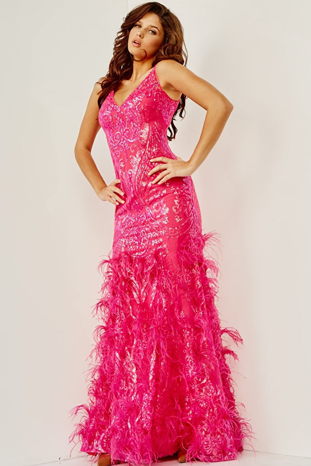 Jovani 07808 Feather Embellished Skirt V Neck Sequin Prom Dress