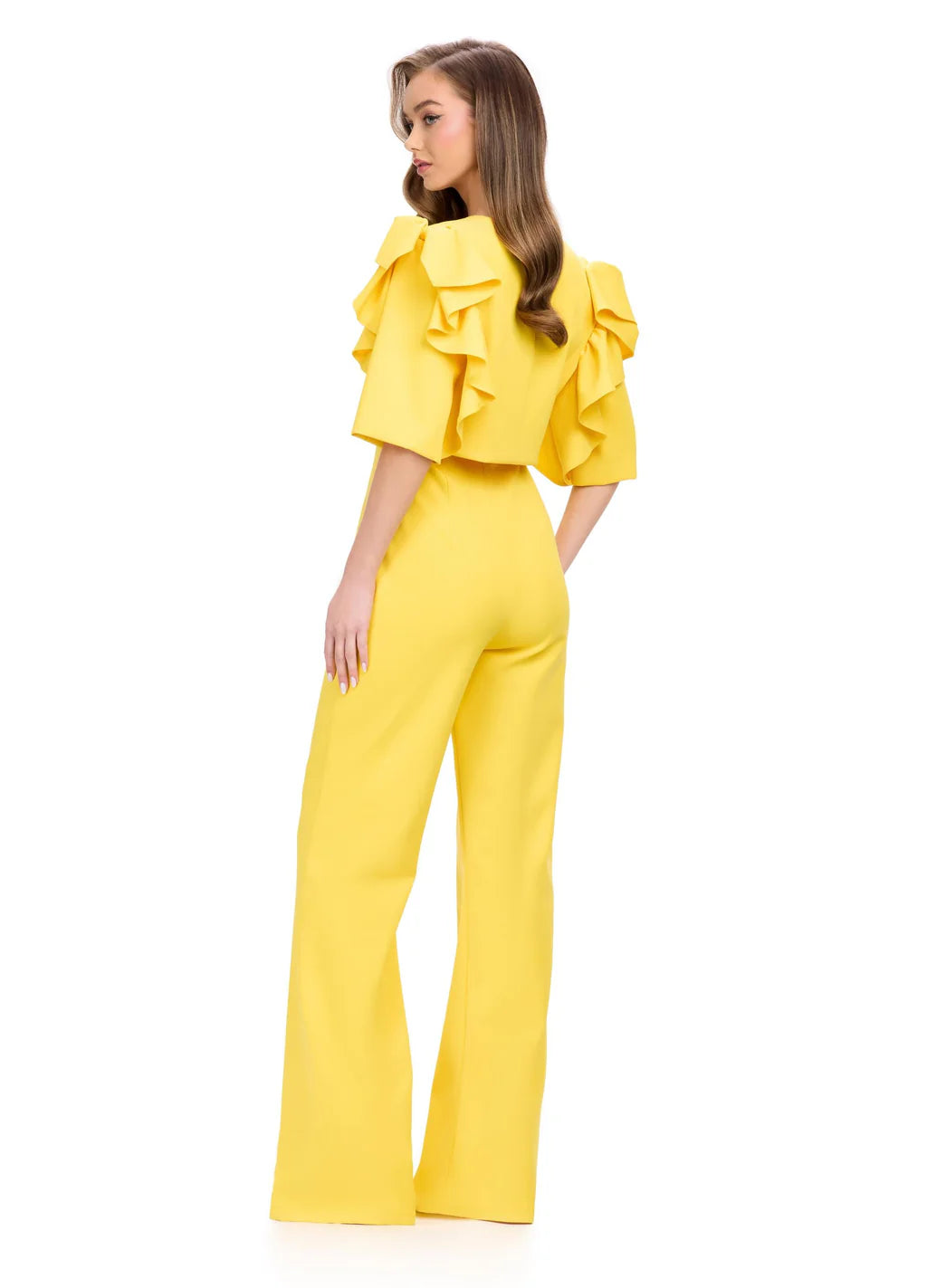 Elevate your style with the Ashley Lauren 11760 Scuba Jumpsuit and Jacket. The ruffle sleeves and wide pant legs add a touch of sophistication, while the scuba material provides a comfortable fit. Perfect for any occasion, this jumpsuit and jacket combo will make you feel confident and stylish.

Colors:&nbsp; Red, Yellow