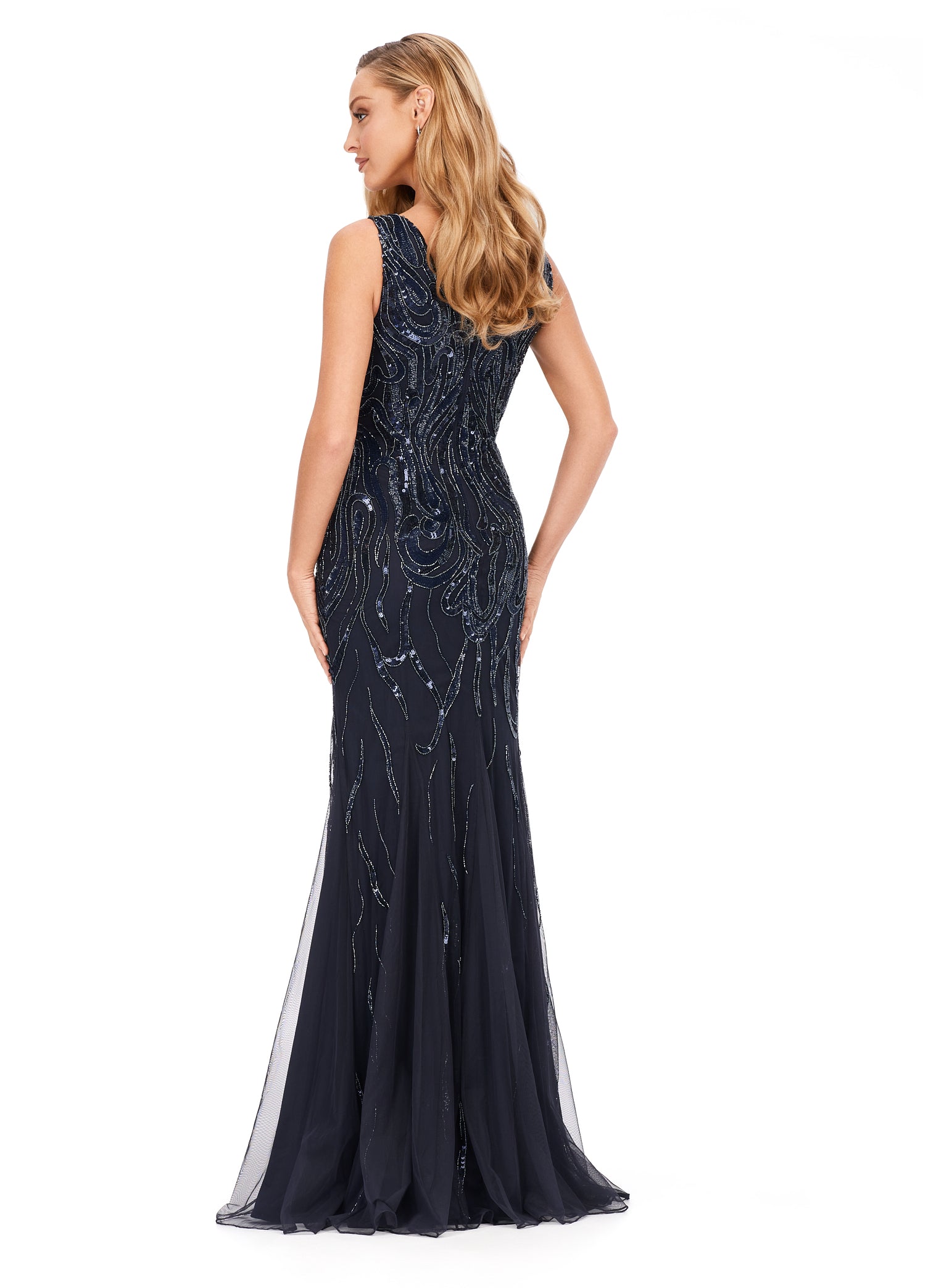 Ashley Lauren 11204 Long Prom V Neck Sequin V Back Hand Beaded