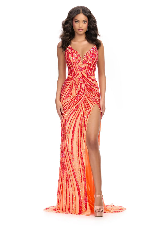 Ashley Lauren 11236 Size 00,0,2,4,6,14 Red Coral Long Fitted V Neck Slit Beaded Sequin Prom Dress Pageant Gown