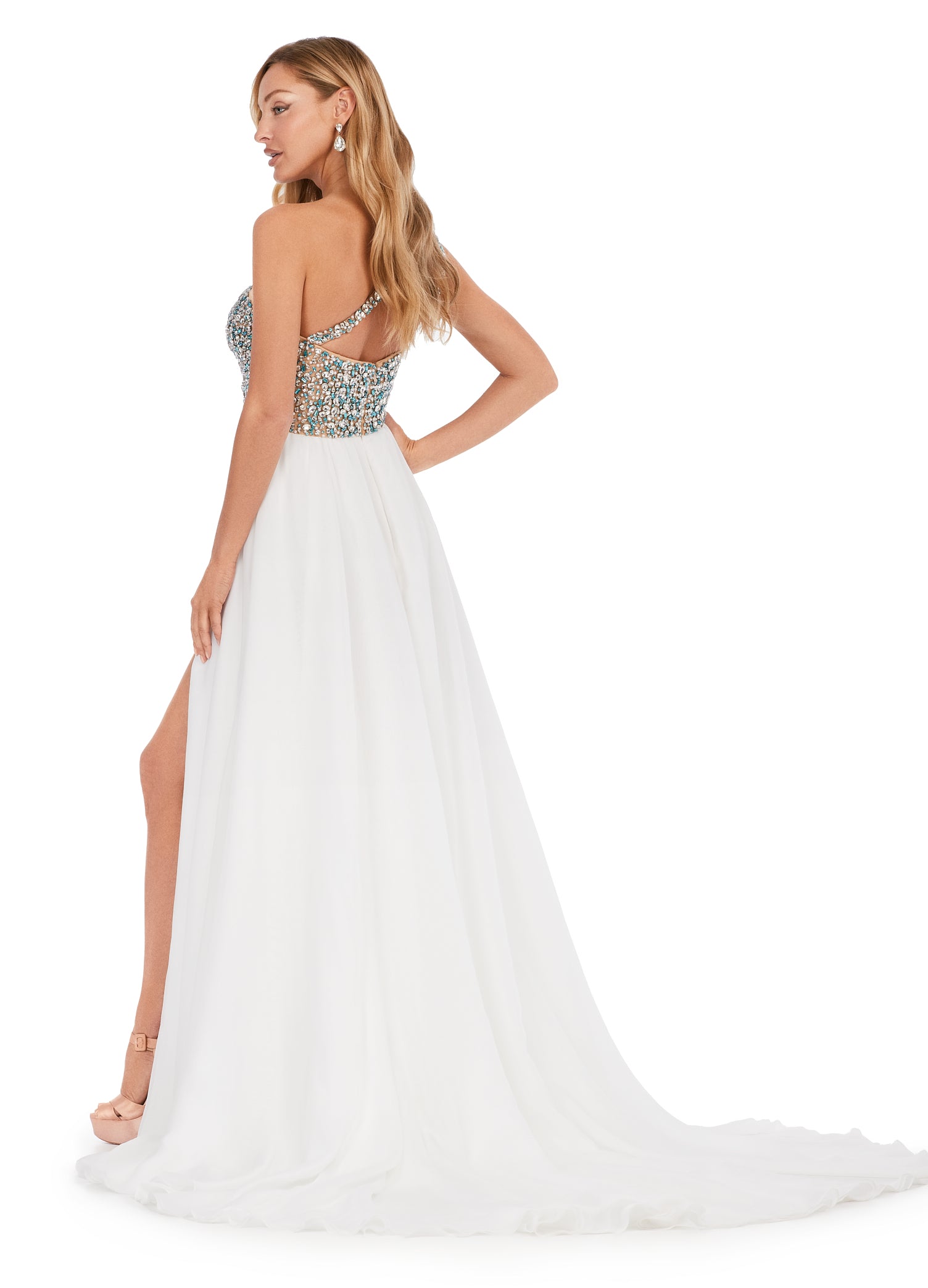 Ashley Lauren 11245 Chiffon Gown With Beaded Bustier A-Line Crystal Detail Prom Dress. Turn heads in this gorgeous chiffon gown featuring a combination of clear and turquoise beading on the bustier. The asymmetrical neckline is complete with an illusion cut out.