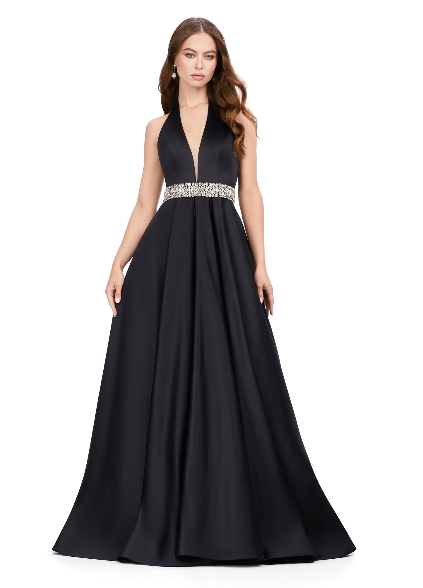 Ashley Lauren 11249 V-Neck Heavy Satin Ballgown Halter Top Open Back  Crystal Belt Formal Gown Prom