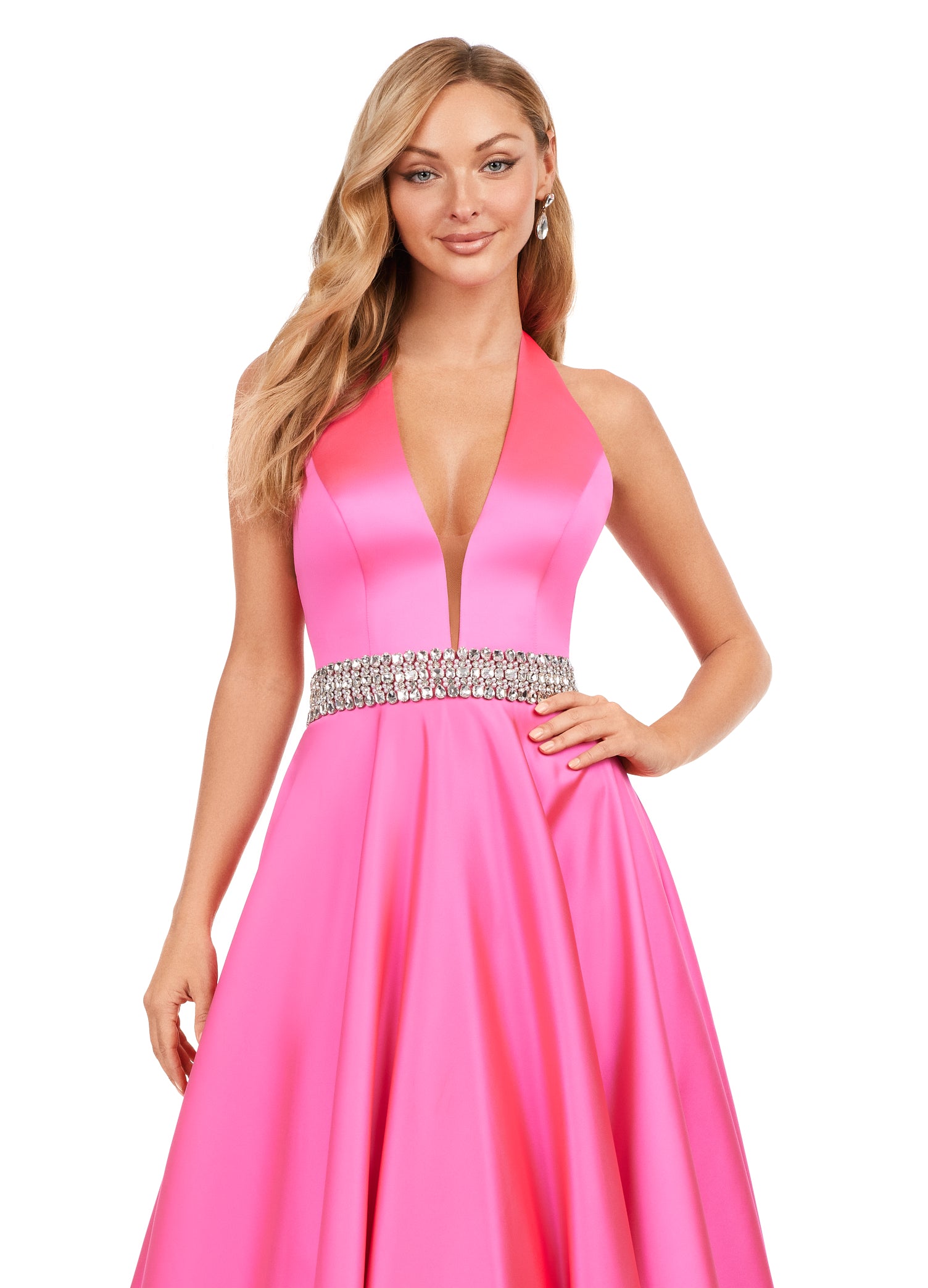 V neck halter shop gown with sash