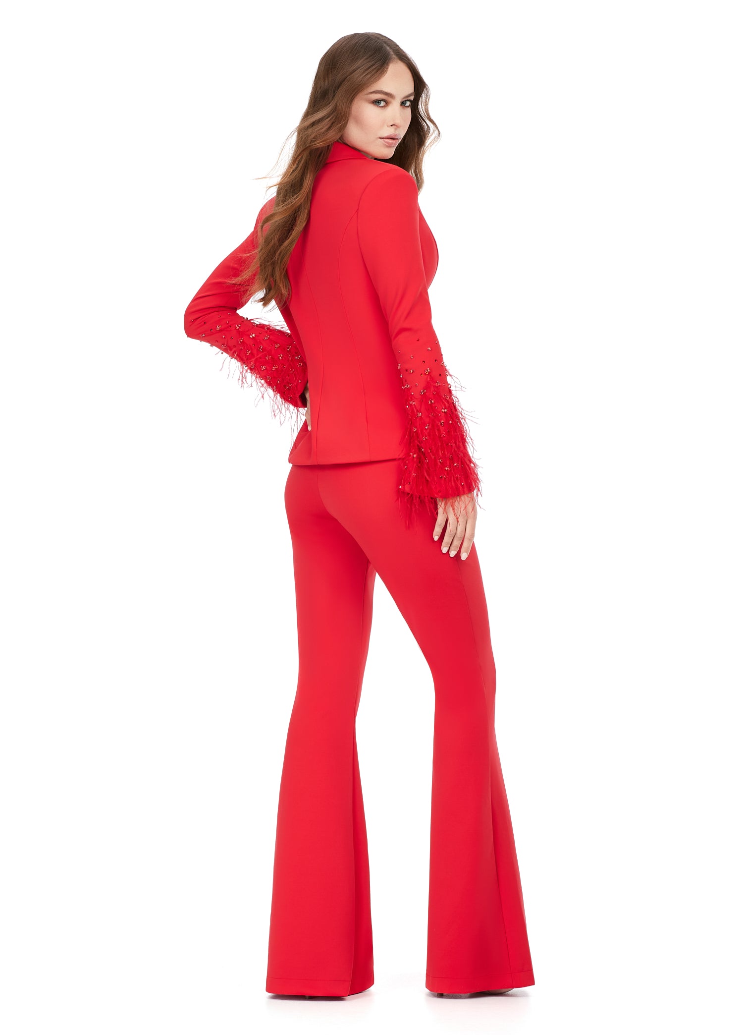 Ashley Lauren 11315 Long Sleeve With Feather And Crystal Accent Two Piece  V-Neck Scuba Material Suit