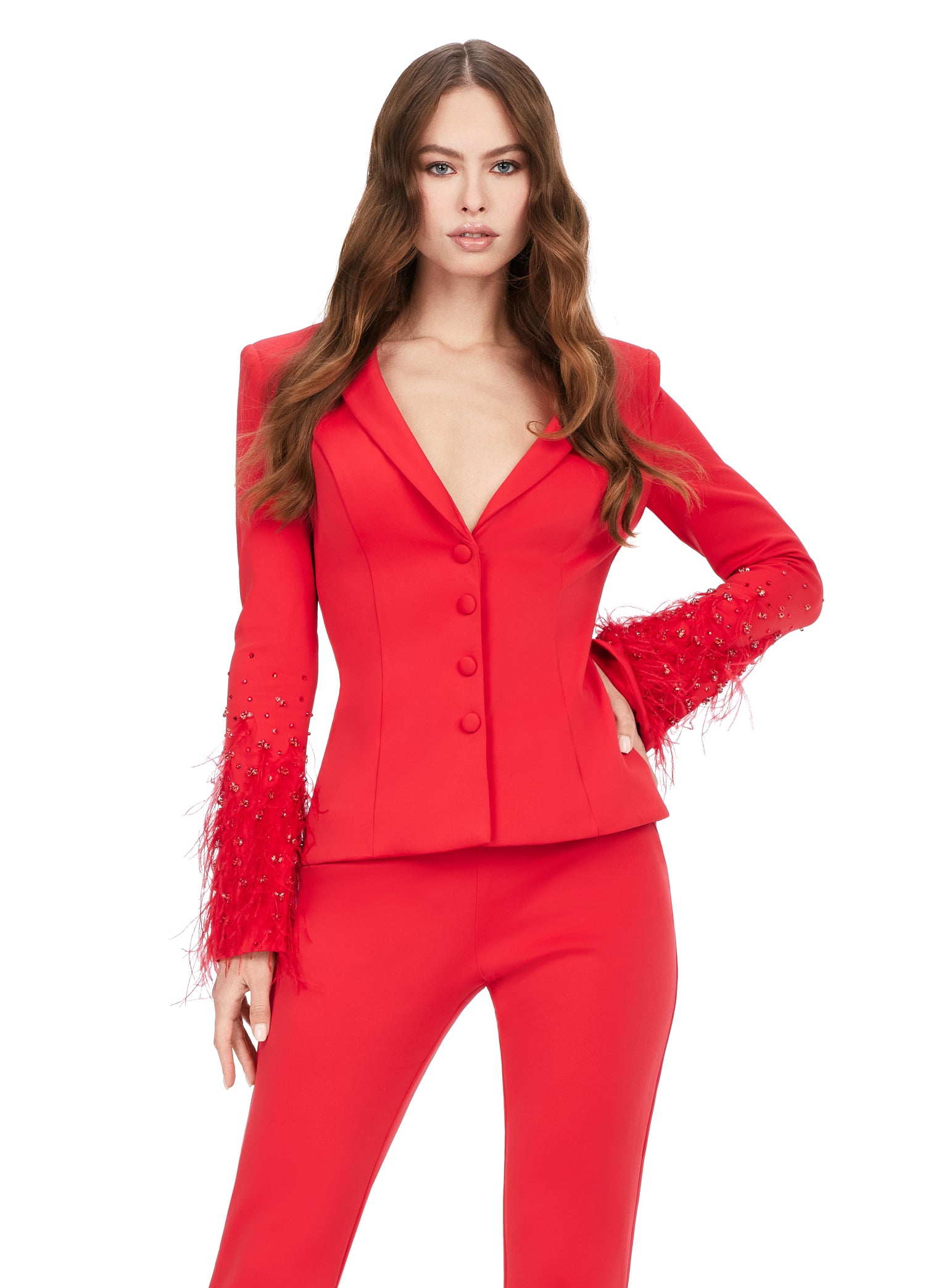 Ashley Lauren 11315 Long Sleeve With Feather And Crystal Accent Two Piece  V-Neck Scuba Material Suit