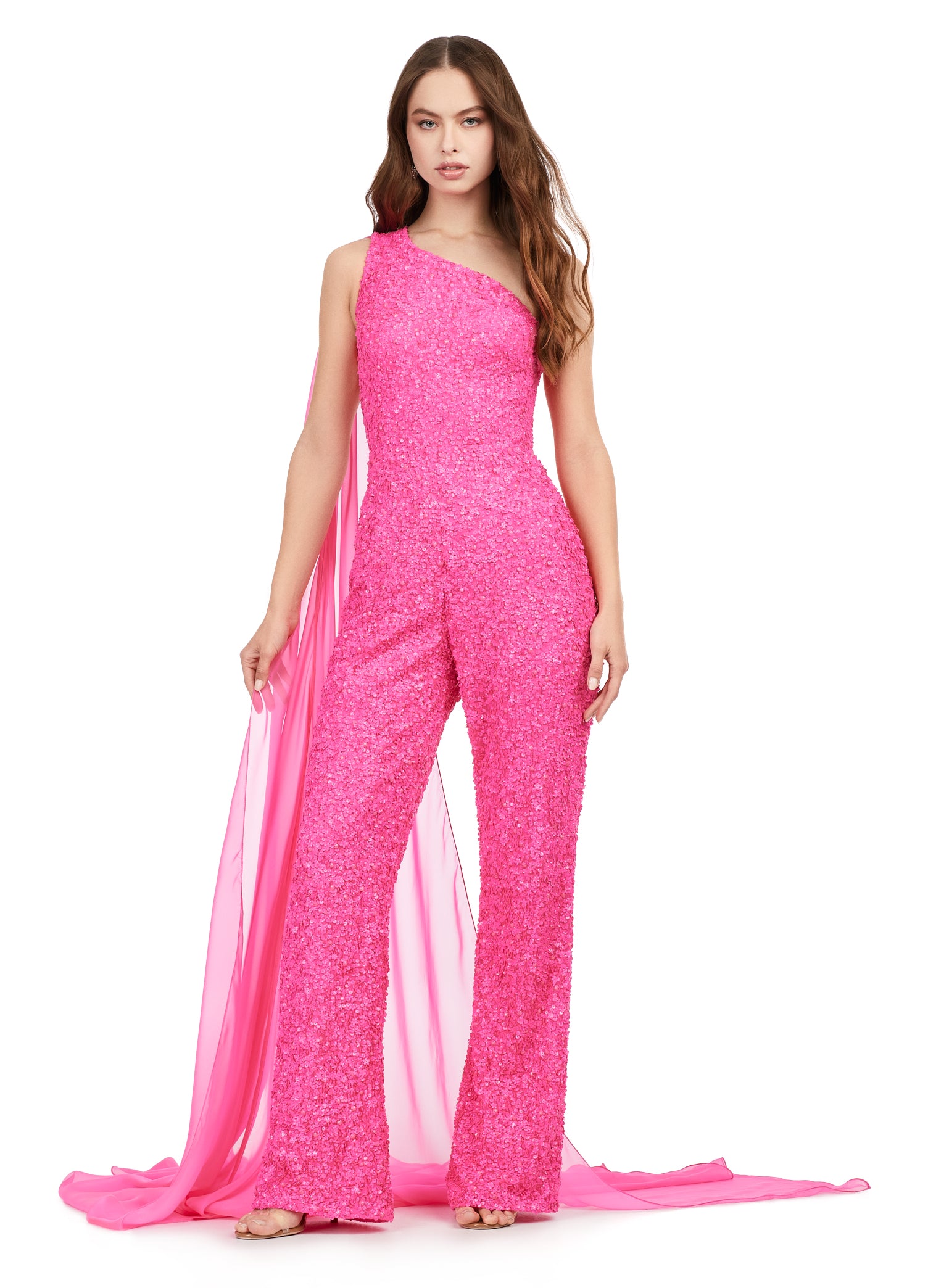 Ashley Lauren 11384 Fully Beaded With Removable Chiffon Cape One Shoulder  Open Back Jumpsuit