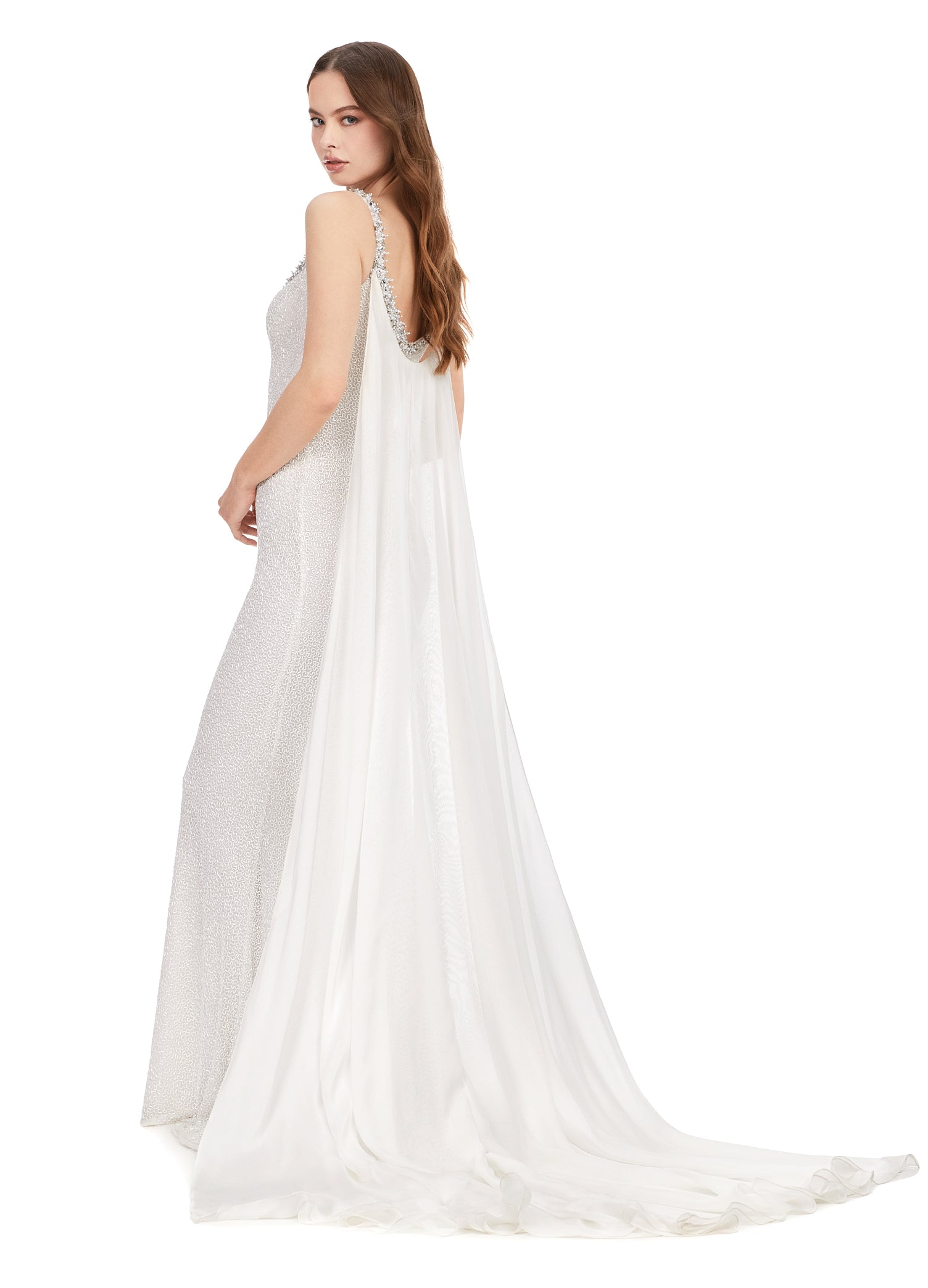 Ashley Lauren 11398 – Beaded Vermicelli Formals Slipper Chiffon Cape Glass Gown Crystal with D