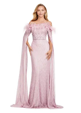 Ashley Lauren 11429 Long Prom Dress Fully Sequin Evening Gown Feathers and  Floor Length Sleeves Formal Pageant