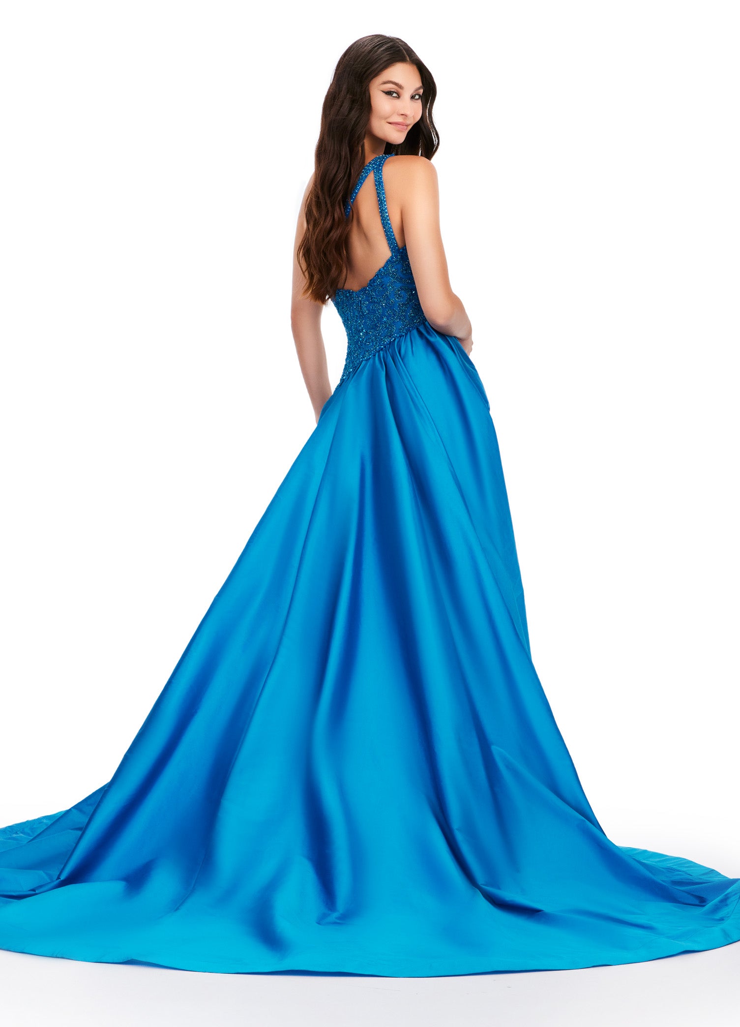 one shoulder chiffon applique floor length prom dress in blue