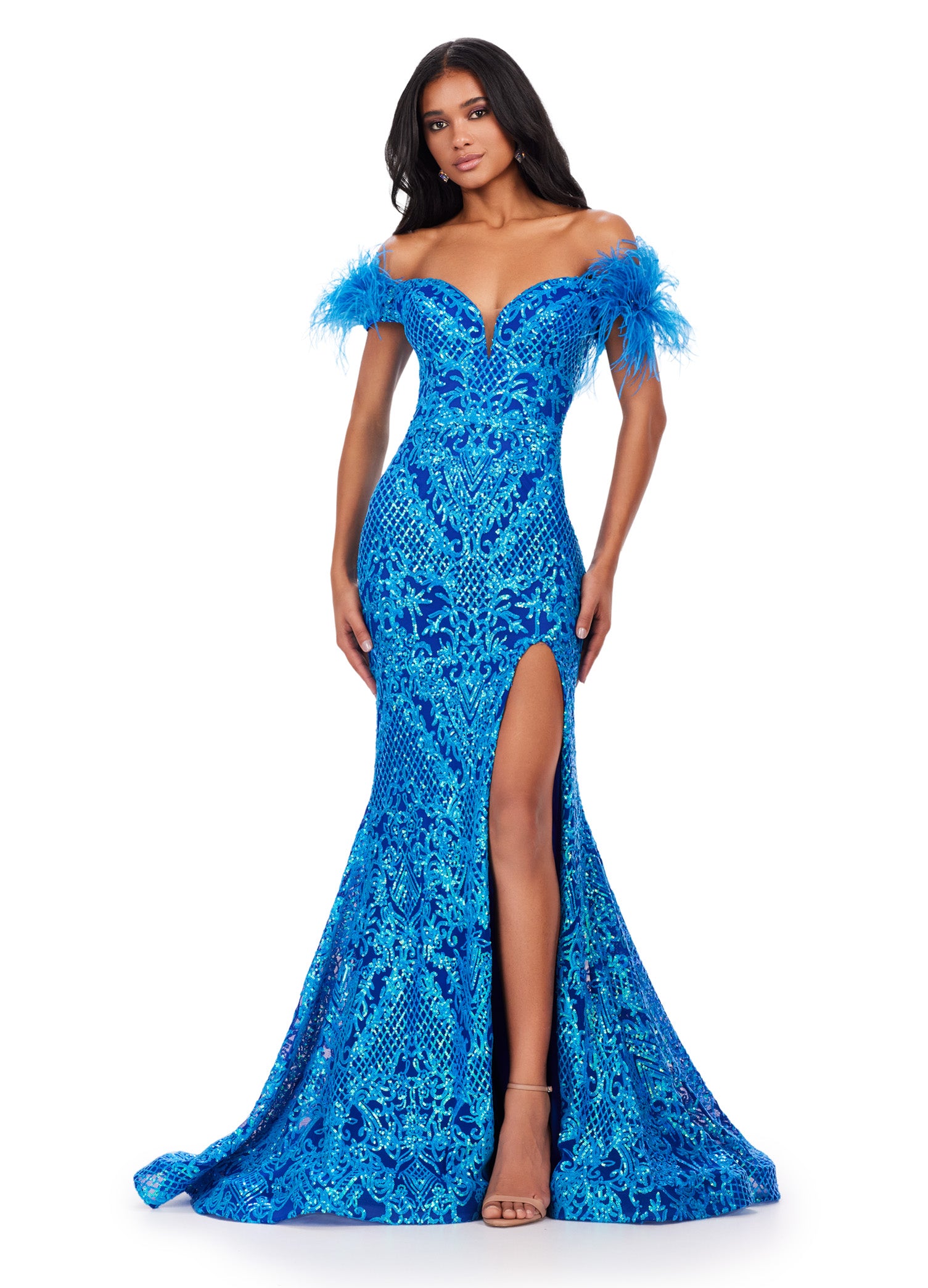 Ashley Lauren 11463 Long Prom Sequin Mermaid Prom Dress Feather off the  shoulder Slit Gown