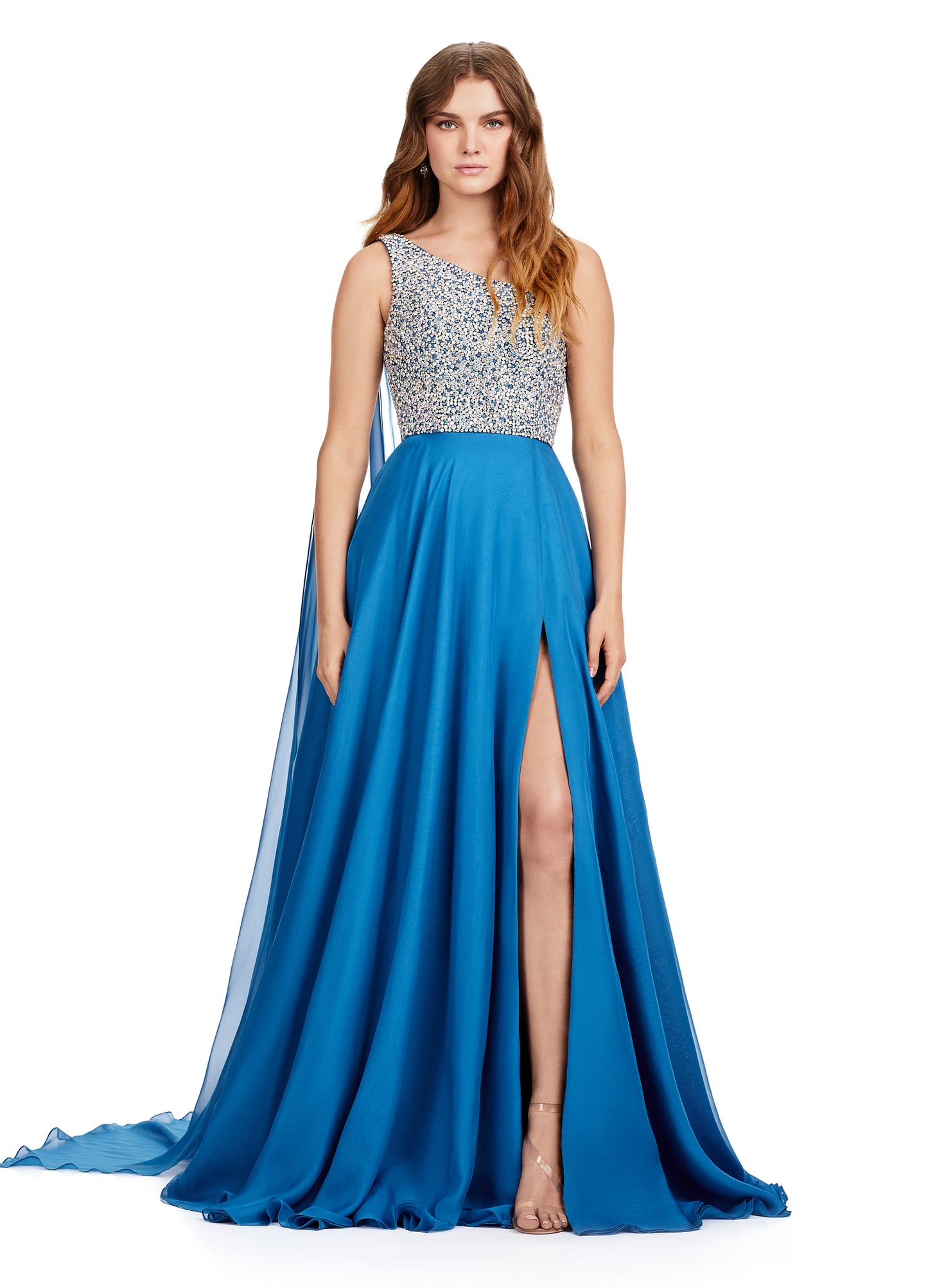 Introducing the show-stopping Ashley Lauren 11482 Long Prom Dress! This elegant gown features a one-shoulder design and flowing chiffon fabric, perfect for any formal occasion. The stunning beaded bustier adds a touch of sparkle and glamour, making you the center of attention. Elevate your style with this must-have pageant gown. A dress fit for a queen!