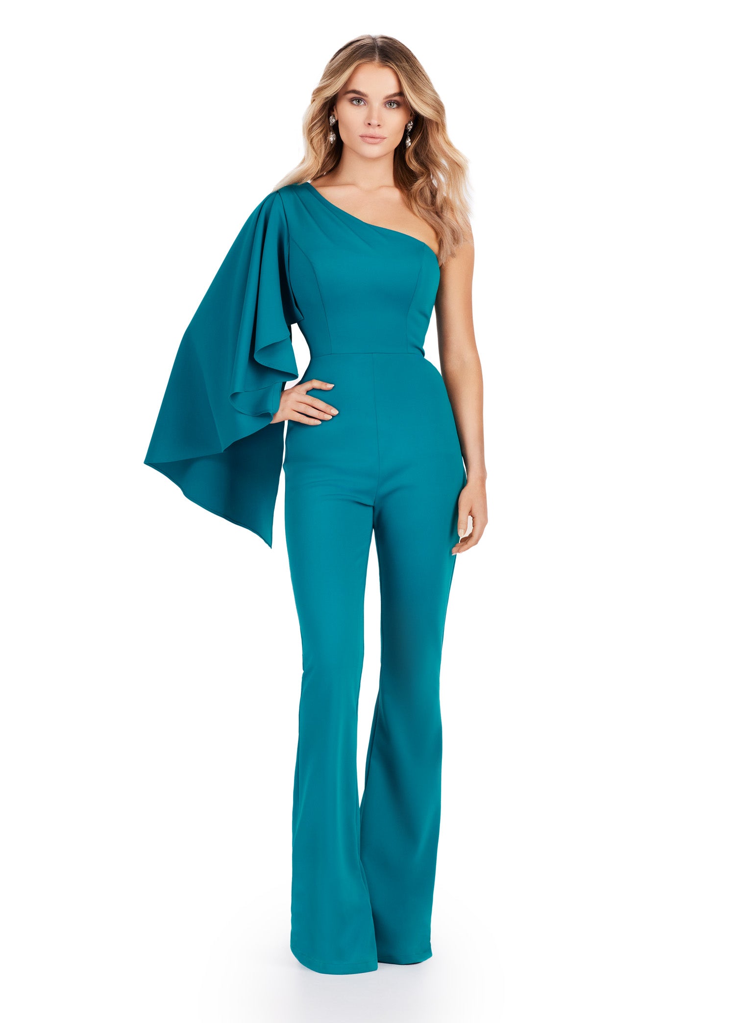 Ashley Lauren 11534 One Shoulder Scuba Jumpsuit with Cascading Ruffle  Sleeve Prom Formal