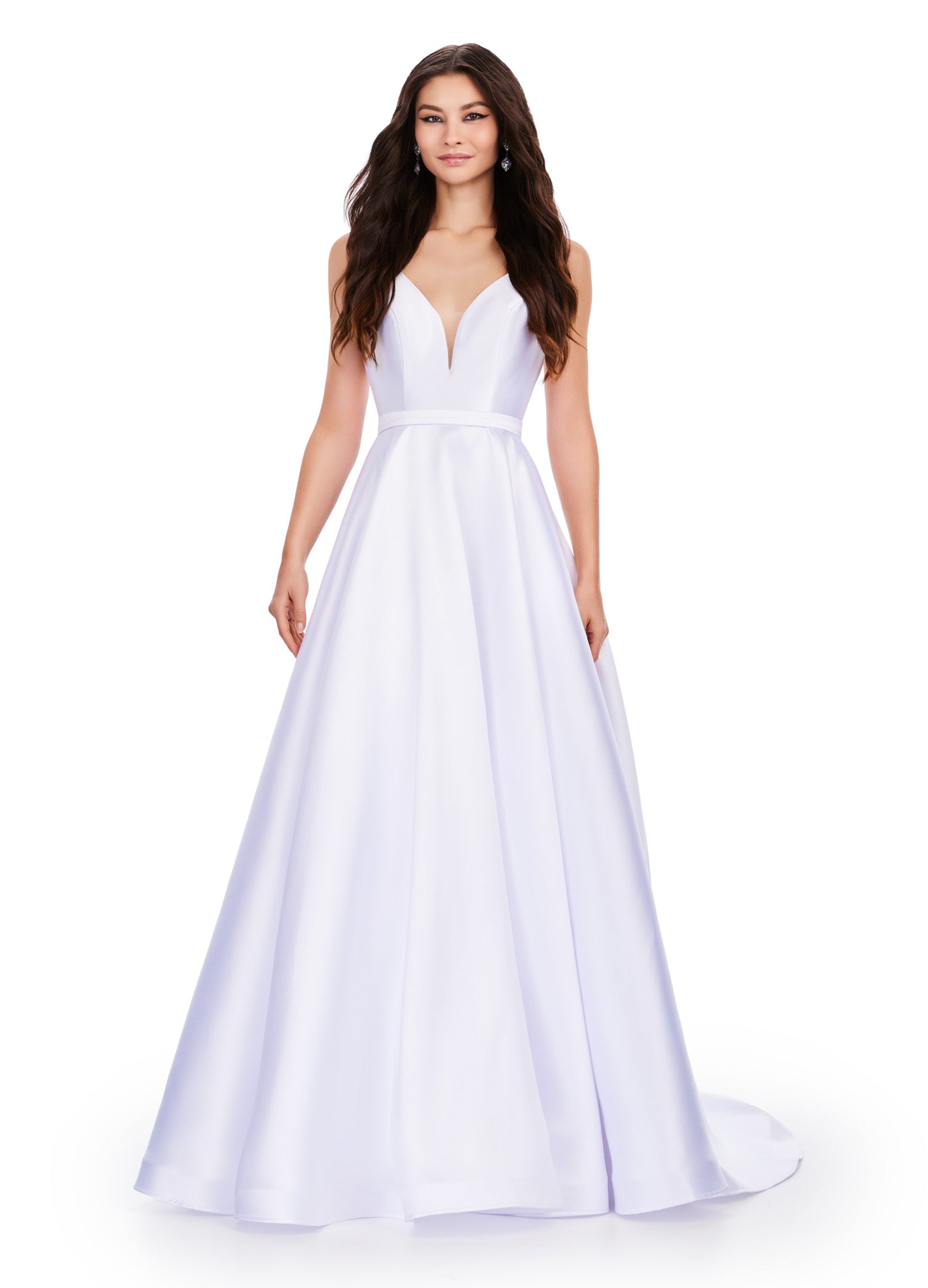 Plunging V-Neck Lace Long Prom Dress, White Long Sleeve Evening Party