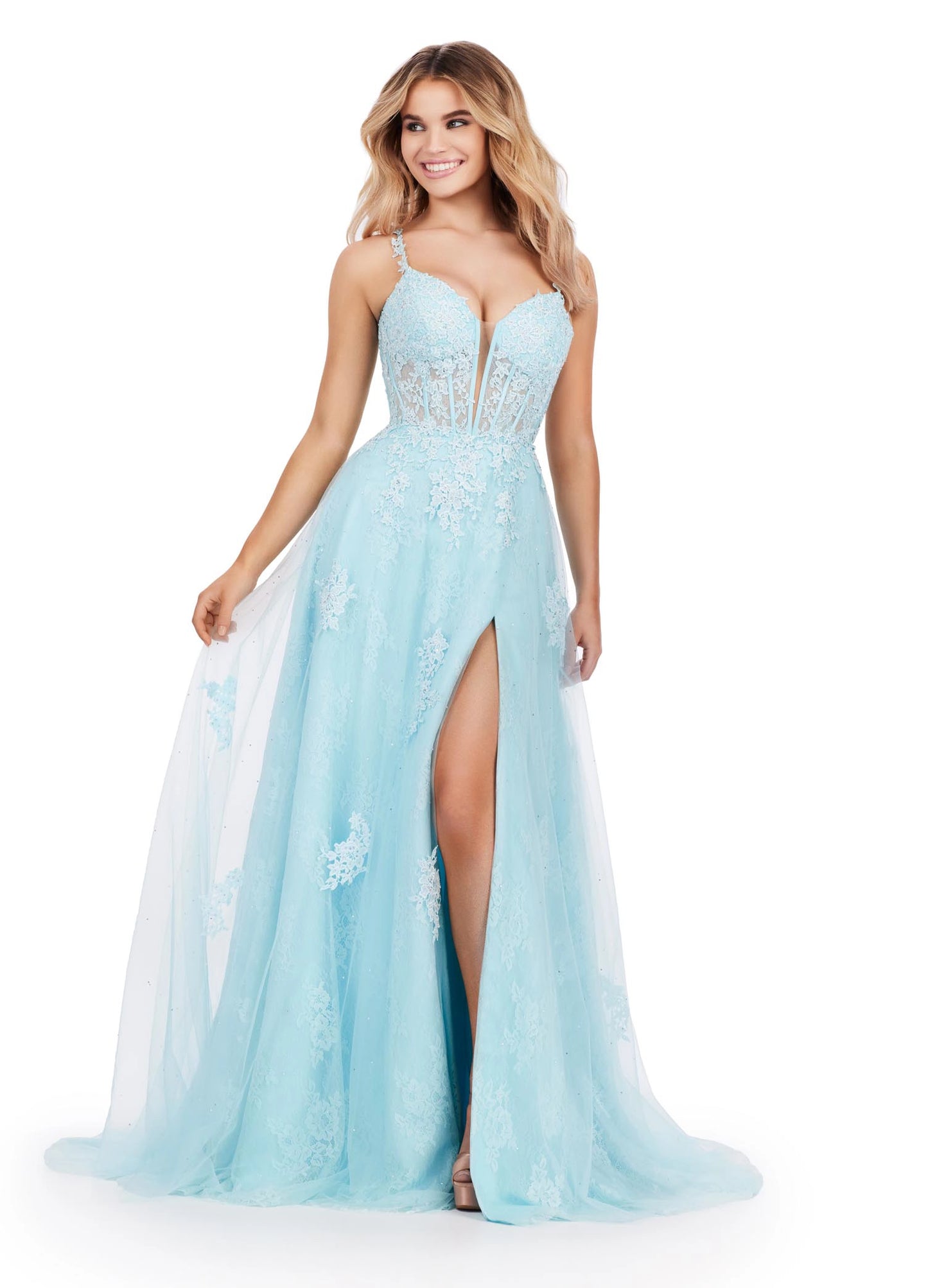 Ashley Lauren 11558 Lace Sheer Corset Prom Dress Maxi Slit A Line