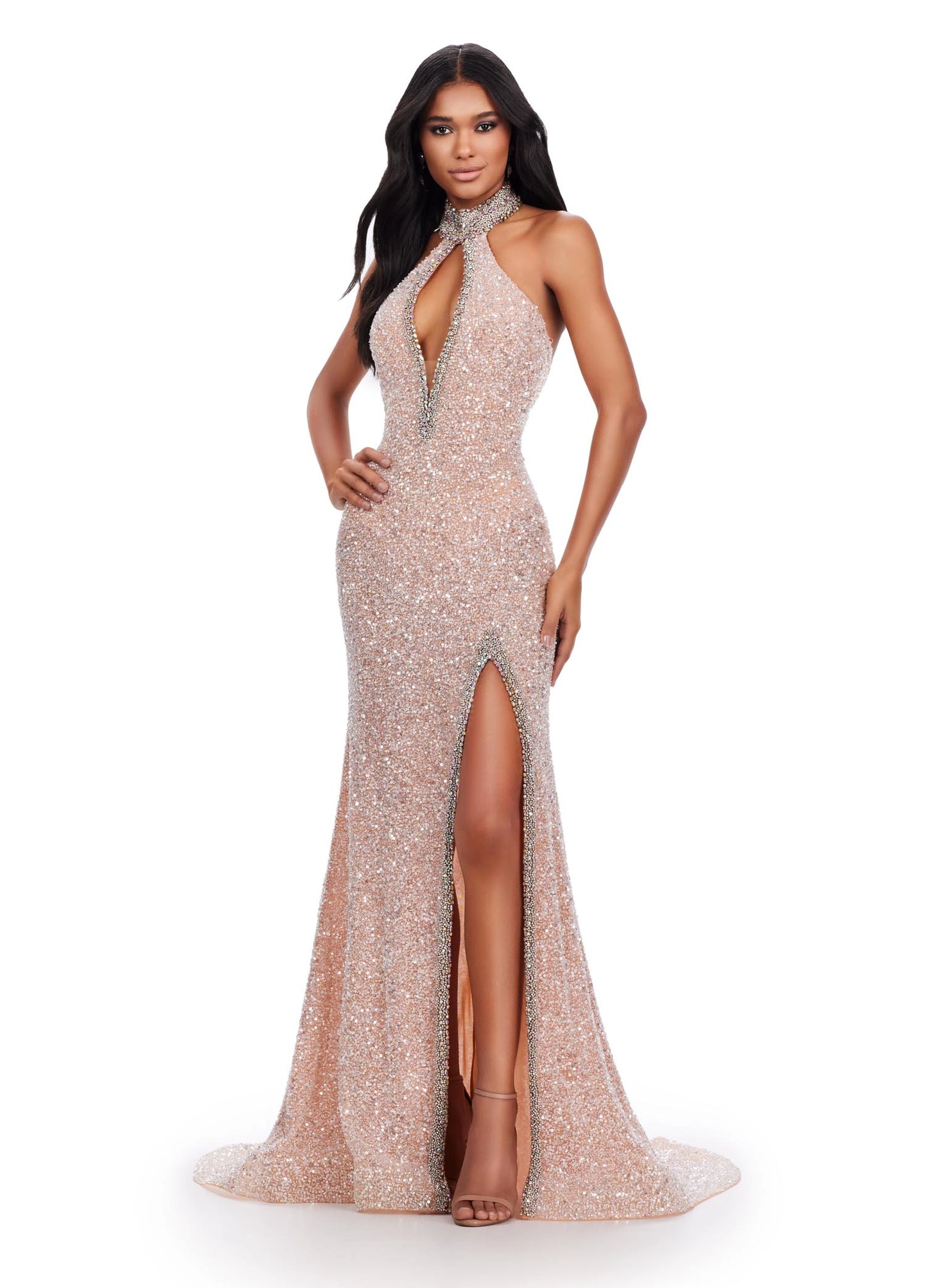 Ashley Lauren 11634 Long Prom Beaded Halter Cut Out Formal Pageant Dress Crystal Slit Choker Formal  Gown