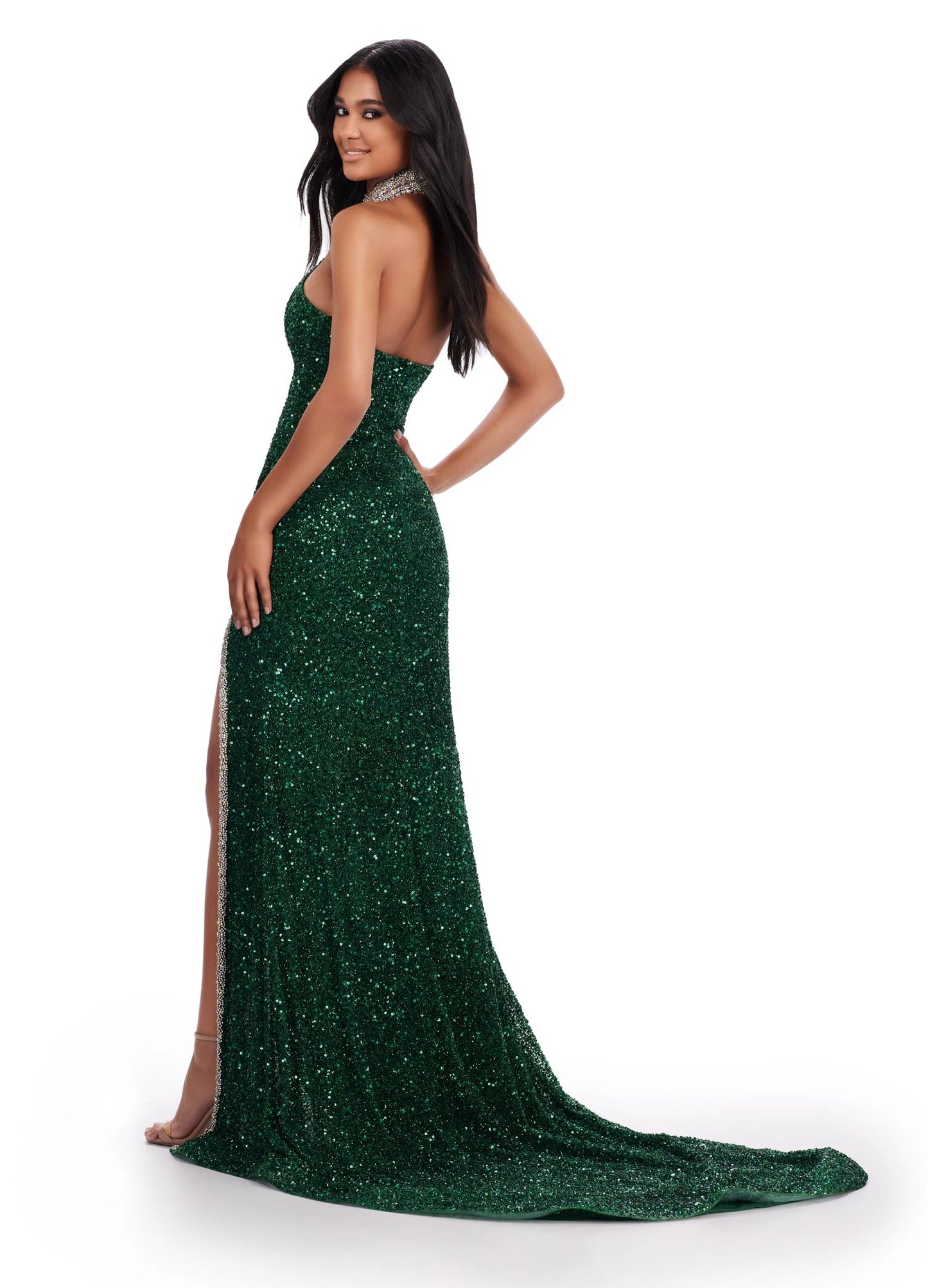 Ashley Lauren 11634 Long Prom Beaded Halter Cut Out Formal Pageant Dress Crystal Slit Choker Formal  Gown