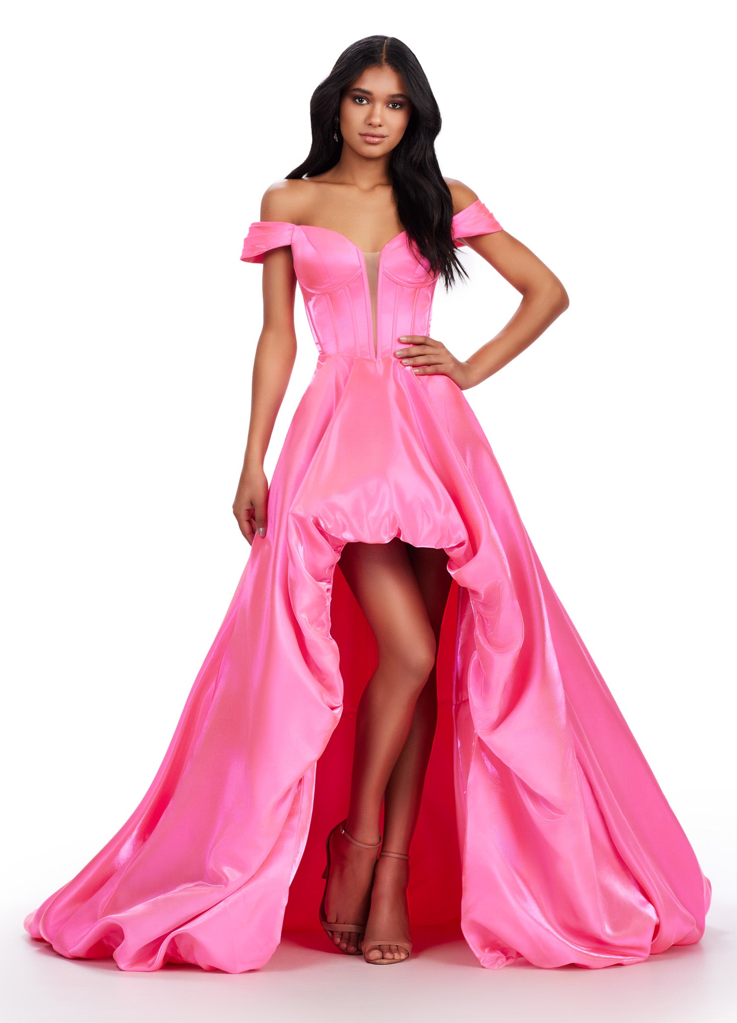 High low satin store gown