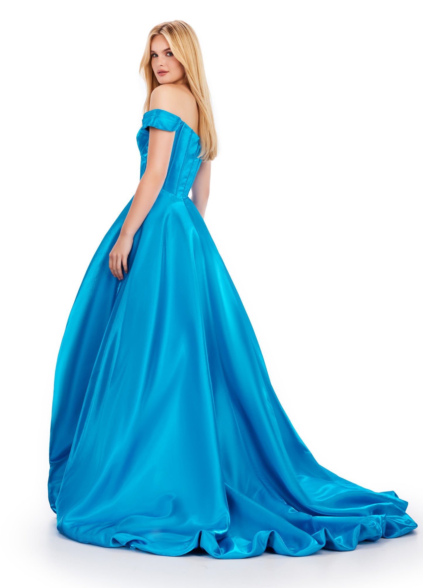 Experience effortless elegance in the Ashley Lauren 11641 Long Prom Dress. Featuring an off-shoulder neckline and high-low satin gown, this formal pageant gown exudes glamour and sophistication. Perfect for making a grand entrance and turning heads at any event. This glamorous satin off the shoulder high low bubble hem gown features a corset style bodice.