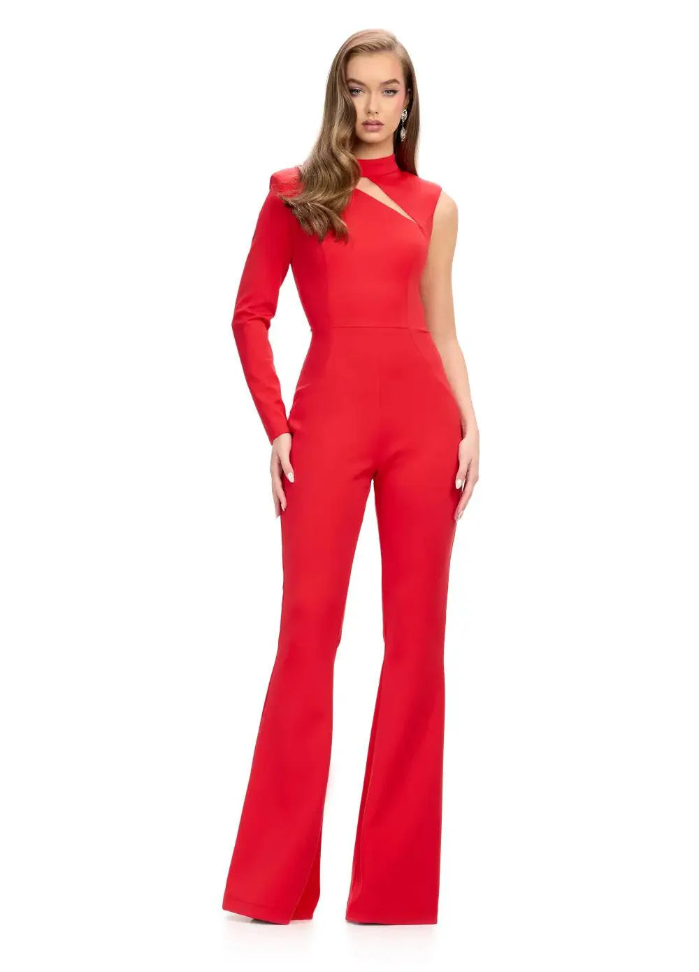 Expertly crafted with a modern design, the Ashley Lauren 11764 Jumpsuit features a unique one sleeve and high neckline made from high-quality scuba fabric. The cutout neckline adds a touch of sharpness to this statement piece, perfect for any formal occasion.