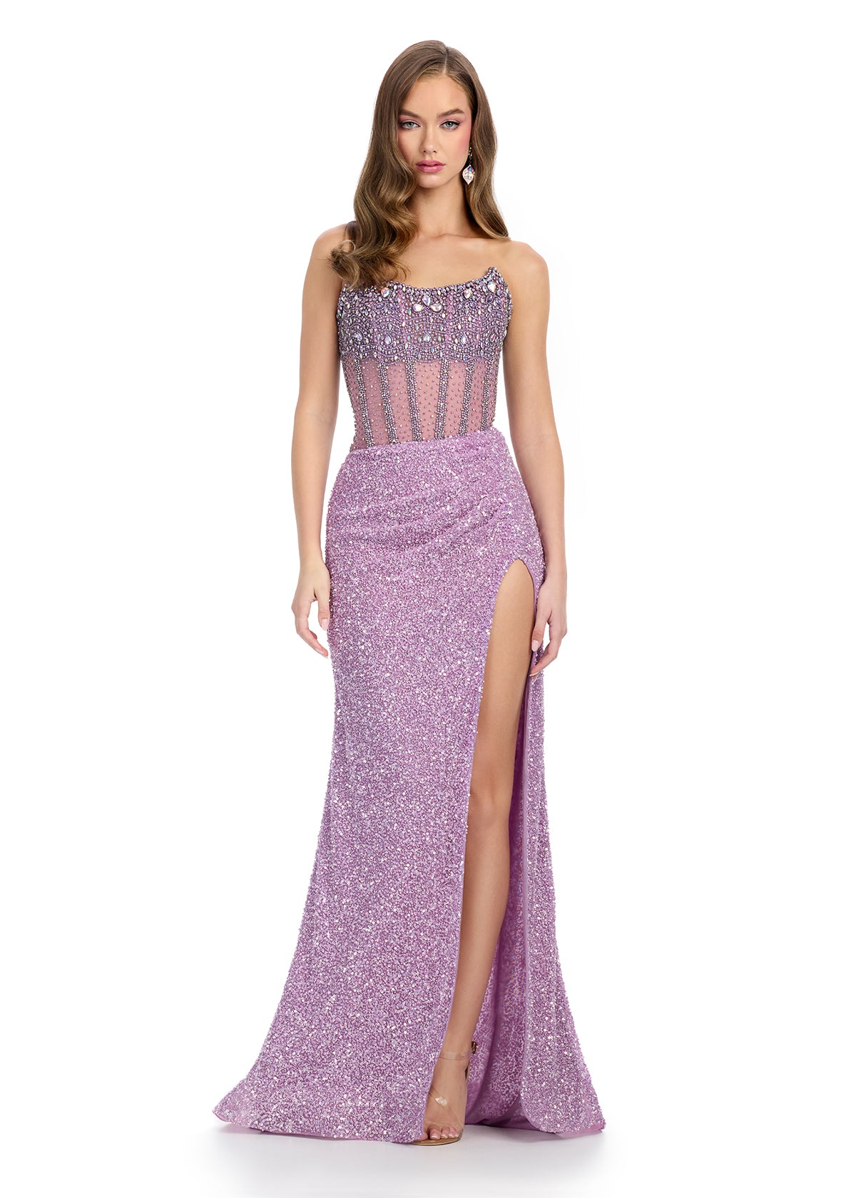 ASHLEYlauren 11830 Beaded Evening Gown Prom Dress Scoop Neckline wrap skirt. Dazzle in this fully beaded gown. The sweetheart neckline is complete with a corset bustier. The skirt is finished with horsehair and a left leg slit.