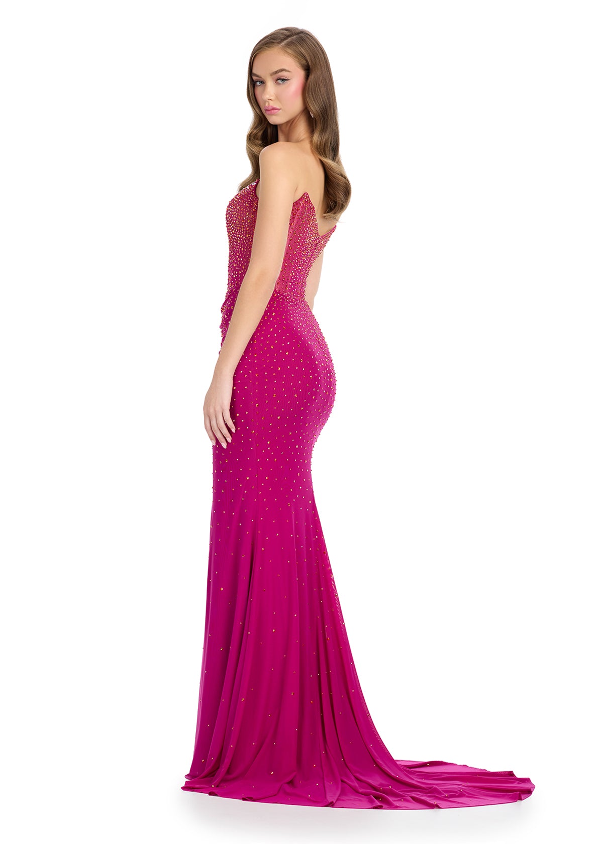 Elevate your prom night with the Ashley Lauren 11864 sheer corset crystal prom dress. The V-neck and slit design adds a touch of sexiness, while the ruched detailing enhances your curves. The sheer corset and crystal embellishments provide a sophisticated and glamorous touch to this pageant-worthy gown.&nbsp;This gown has us dreaming! The sleek strapless neckline, corset bustier and elegant silhouette is complete with a right leg slit. The gown is complete with a sweep train.

Sweetheart Neckline
Press On S