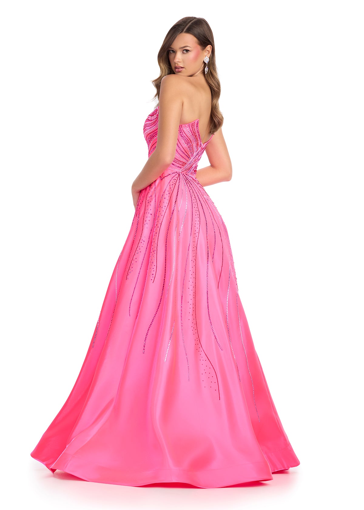 Experience glamour and elegance in the Ashley Lauren 11869 Long Shimmer Satin A Lone Prom Dress. Made with shimmering satin and adorned with sparkling crystals, this strapless gown exudes sophistication. Perfect for proms, pageants, or any special