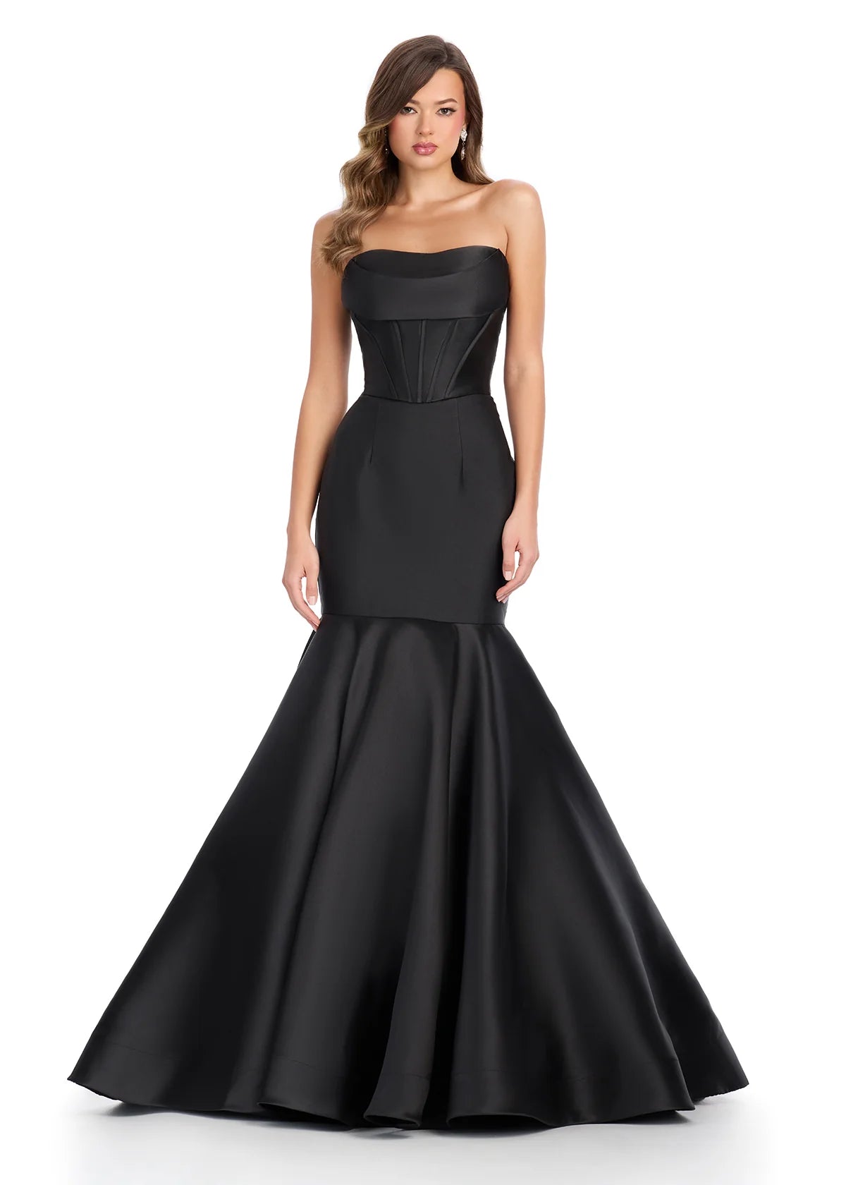 Step into elegance with the Ashley Lauren 11908 Mikado Mermaid Corset Prom Dress. This two piece formal pageant gown features a stunning cowl neck and a mermaid silhouette that accentuates your figure. Made with luxurious Mikado fabric, this dress is perfect for a glamorous and sophisticated look. This two-piece gown is an ASHLEYlauren favorite. The corset bustier and mermaid mikado skirt are the perfect combination. The look is complete with a sweep train.