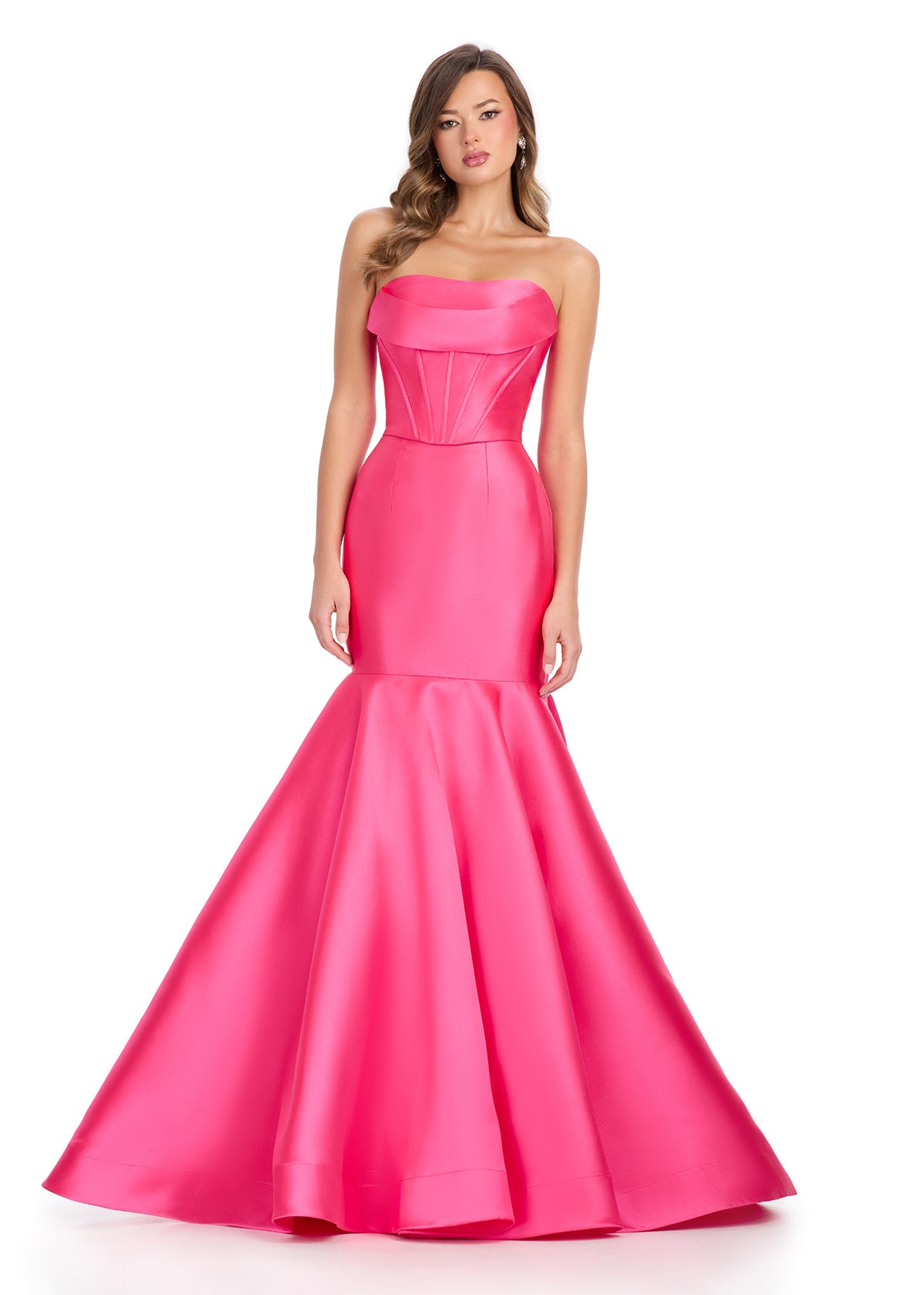 Step into elegance with the Ashley Lauren 11908 Mikado Mermaid Corset Prom Dress. This two piece formal pageant gown features a stunning cowl neck and a mermaid silhouette that accentuates your figure. Made with luxurious Mikado fabric, this dress is perfect for a glamorous and sophisticated look. This two-piece gown is an ASHLEYlauren favorite. The corset bustier and mermaid mikado skirt are the perfect combination. The look is complete with a sweep train.