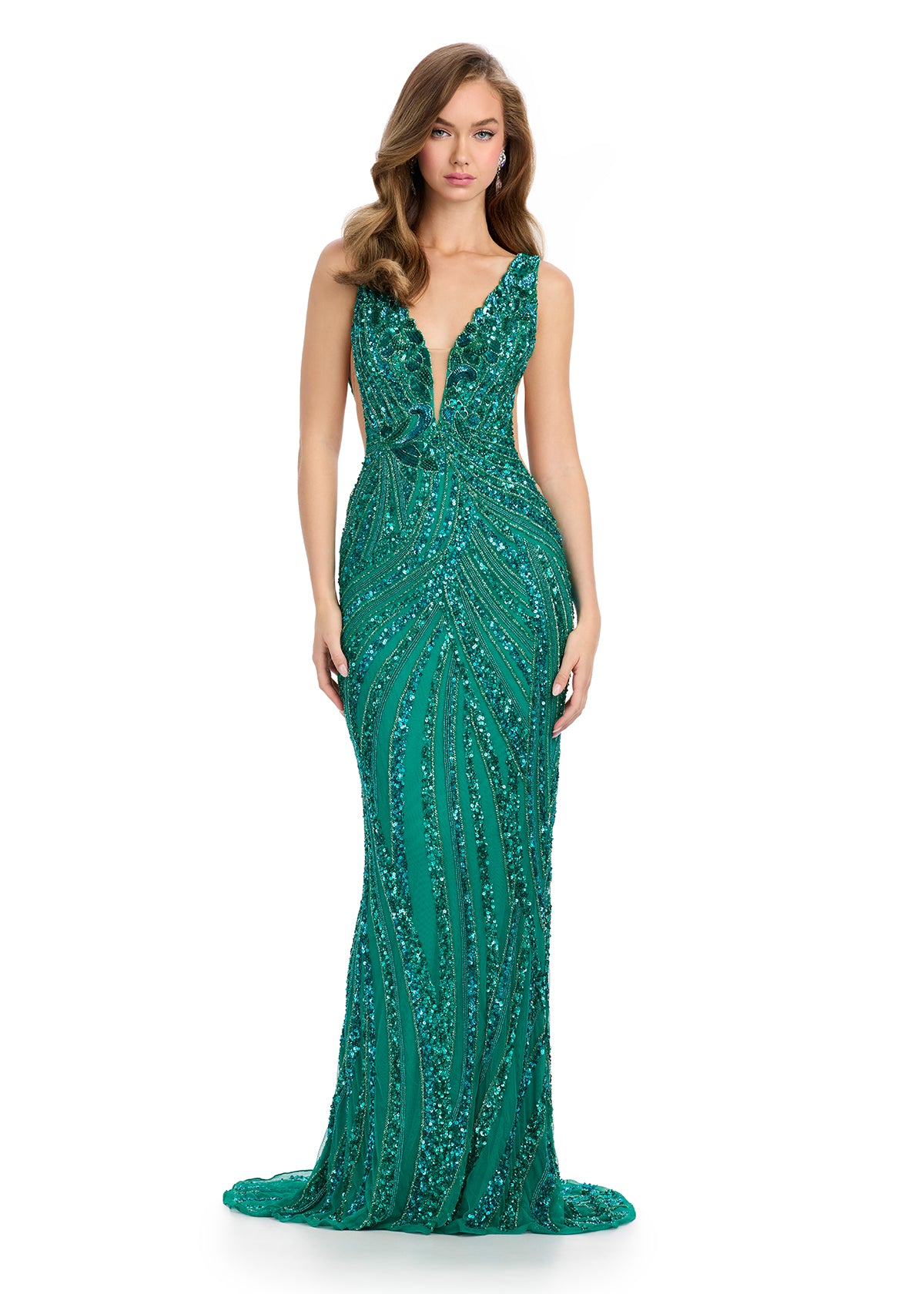 This elegantly crafted Ashley Lauren 11980 dress features a stunning V-neckline and intricate sequin beadwork, making it perfect for any formal event or prom night. Its form-fitting design and sleek backless cut effortlessly accentuate your figure. Shine with confidence in this timeless and glamorous pageant gown. Radiate elegance in this exquisite fully beaded gown, designed with captivating cut out mesh sides and a v-neckline. This stunning piece combines intricate detailing with a modern edge sure to mak