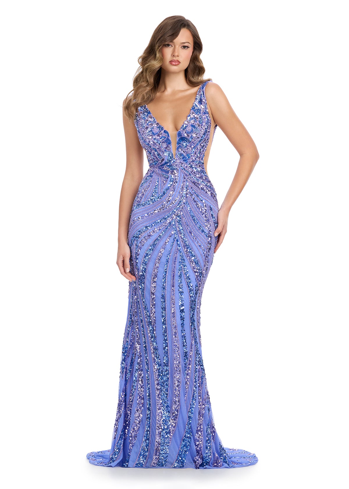 This elegantly crafted Ashley Lauren 11980 dress features a stunning V-neckline and intricate sequin beadwork, making it perfect for any formal event or prom night. Its form-fitting design and sleek backless cut effortlessly accentuate your figure. Shine with confidence in this timeless and glamorous pageant gown. Radiate elegance in this exquisite fully beaded gown, designed with captivating cut out mesh sides and a v-neckline. This stunning piece combines intricate detailing with a modern edge sure to mak