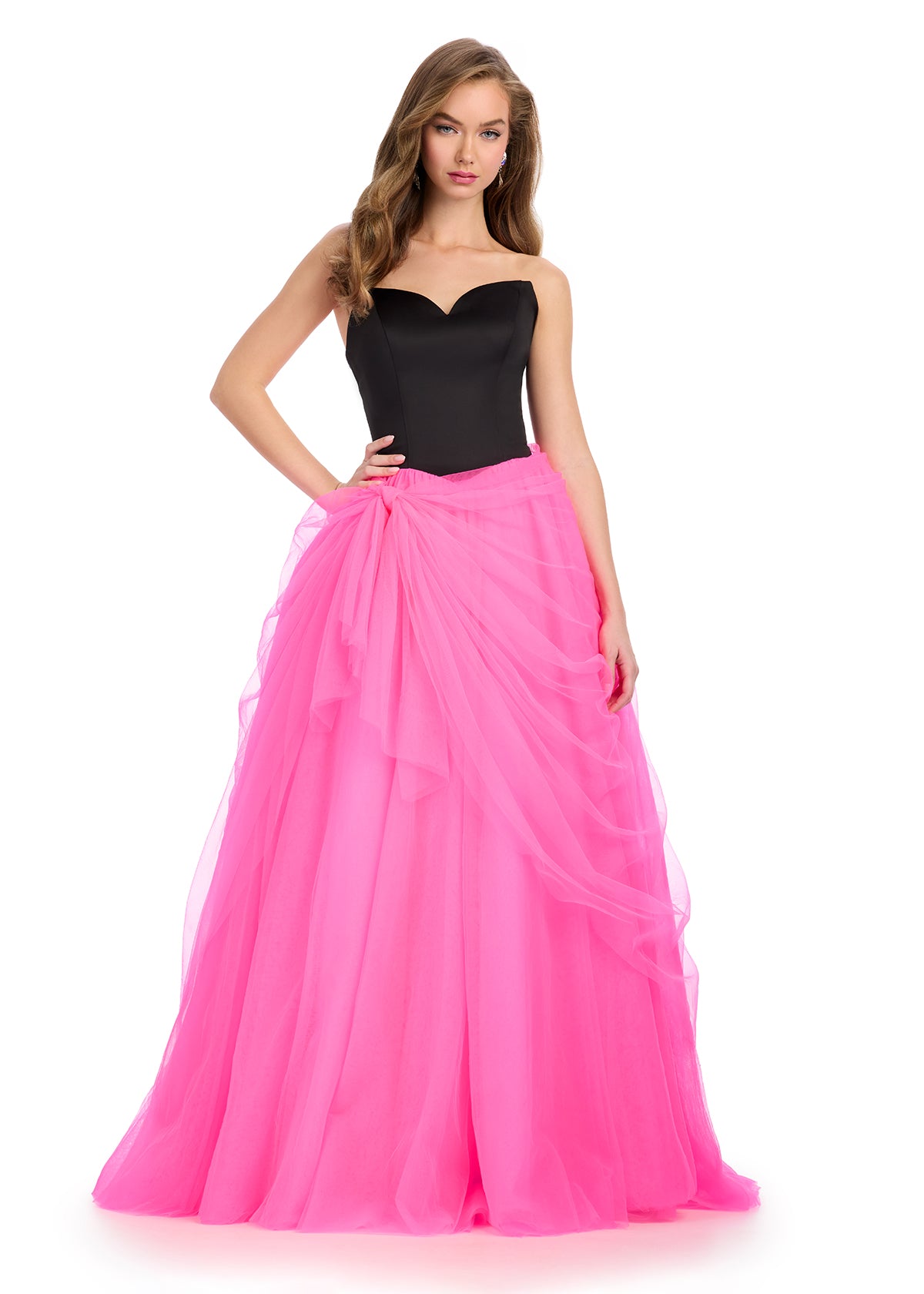 Expertly crafted for a flawless silhouette, the Ashley Lauren 11984 dress features a Satin V neck, A Line cut, and Tulle draping for a stunning A line prom dress. The exquisite ballgown design adds elegance to your look, making it perfect for pageants.&nbsp;Bold and fabulous! Turn heads in this striking strapless ball gown. Featuring a satin bodice, sweetheart neckline and draping tulle skirt, this gown certainly has our attention!