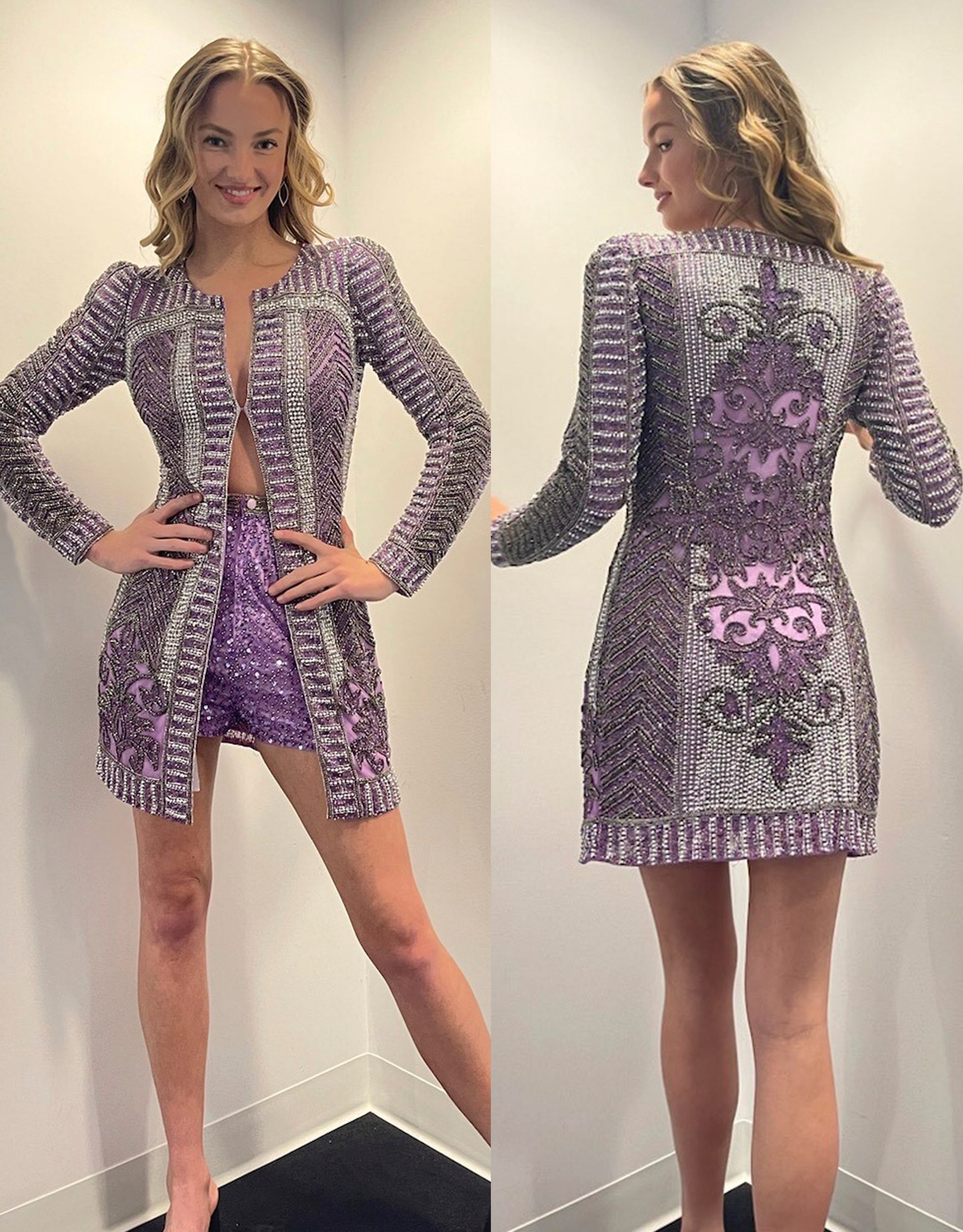 Nina Sequin Long Sleeve Tie Front Top in Lilac