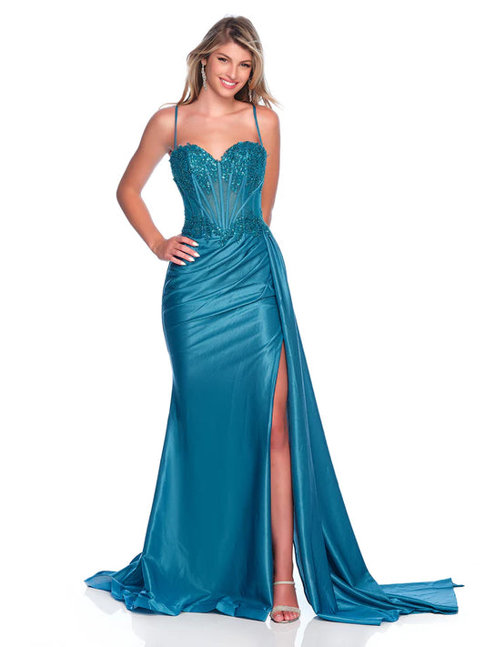 Be the center of attention in the stunning Dave &amp; Johnny 12247 prom dress. The sheer sequin lace corset adds a touch of glamour, while the slit overskirt offers a modern twist. Perfect for formal events and pageants, this gown will make you feel confident and elegant.

Sizes: 10

Colors: Teal