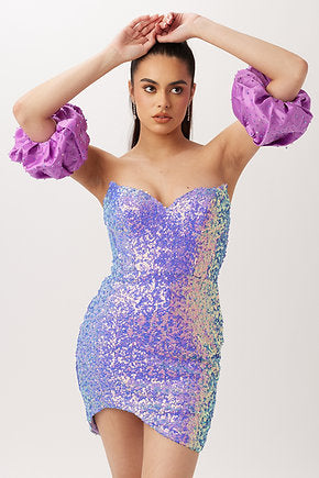 VIENNA Prom 60102 Strapless V Neck Fitted Fully Sequin Balloon Sleeves With Crystals Cocktail Homecoming Dress