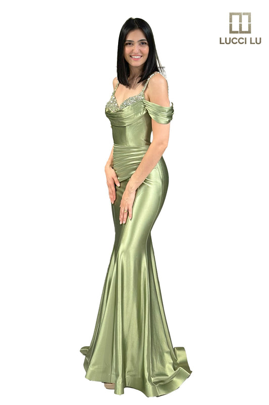 Lucci Lu 1313 Size 18 Sage Fitted Satin off the shoulder mermaid formal dress Crystal neckline ruched gown