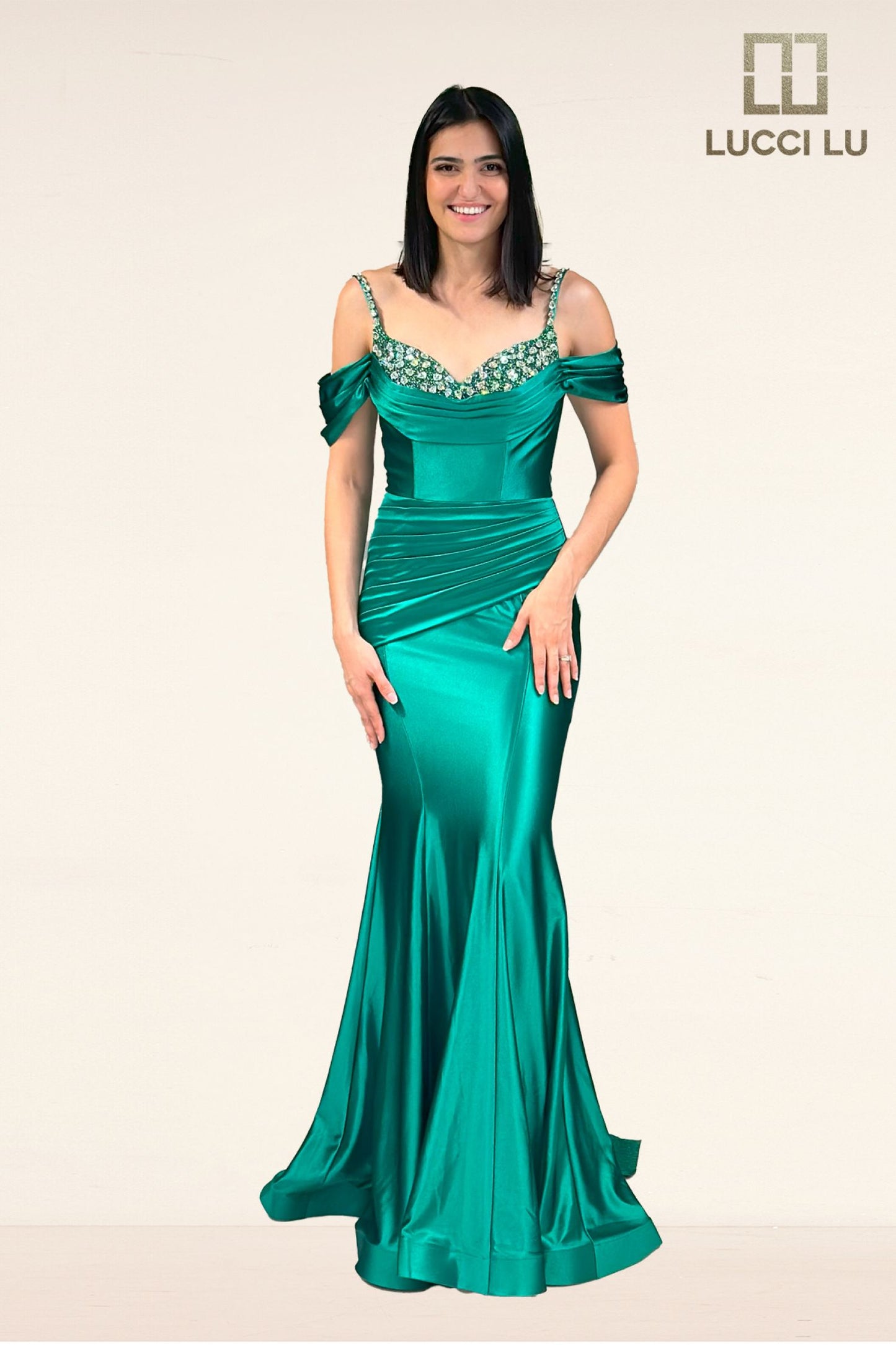 Lucci Lu 1313 Size 18 Sage Fitted Satin off the shoulder mermaid formal dress Crystal neckline ruched gown