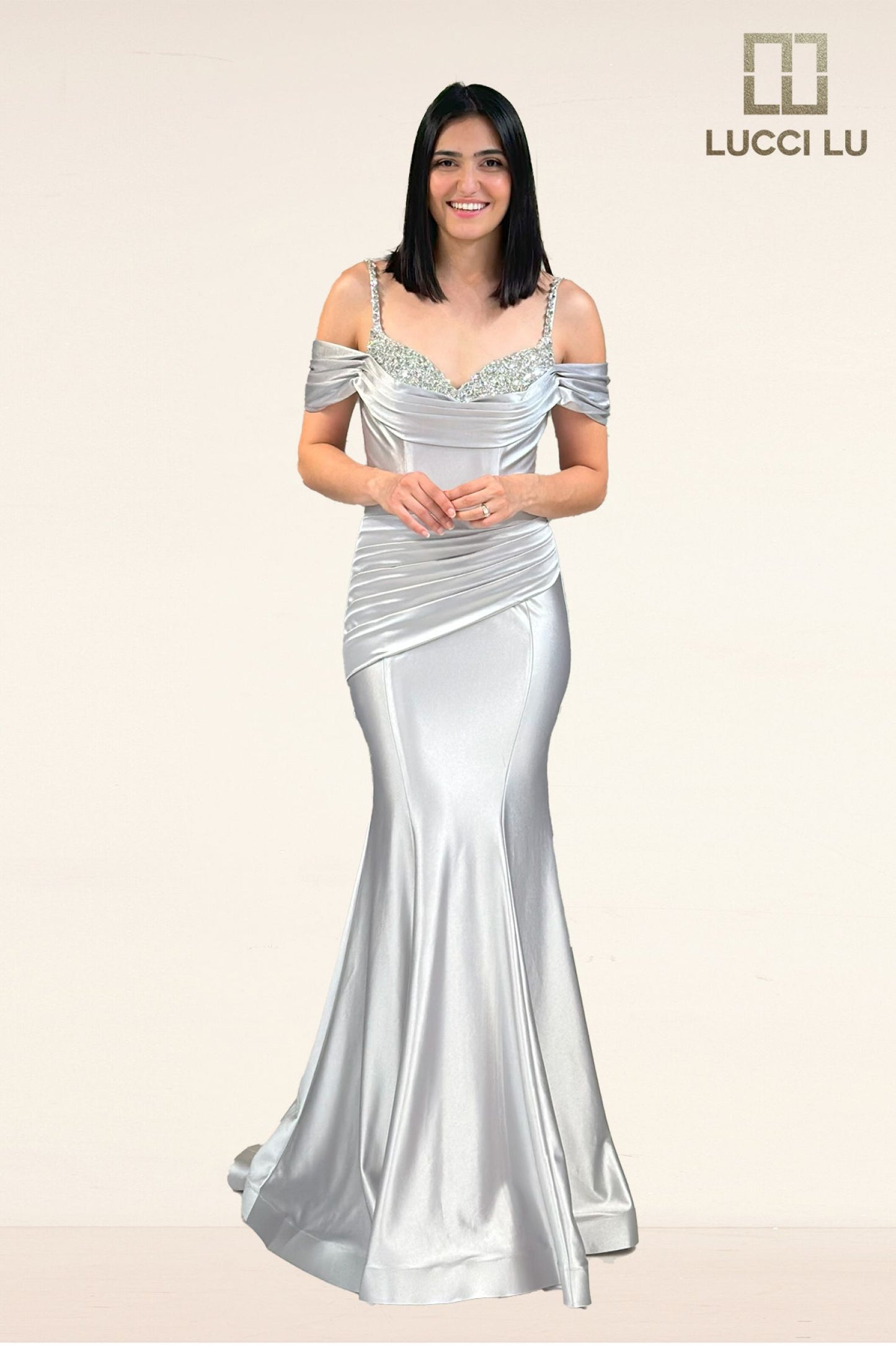 Lucci Lu 1313 Size 18 Sage Fitted Satin off the shoulder mermaid formal dress Crystal neckline ruched gown