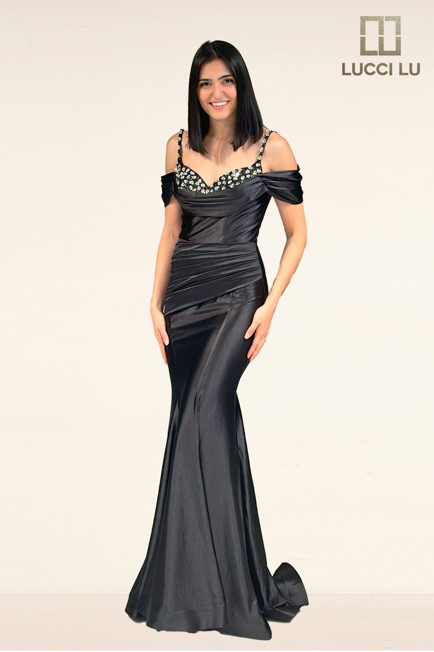 Lucci Lu 1313 Size 18 Sage Fitted Satin off the shoulder mermaid formal dress Crystal neckline ruched gown