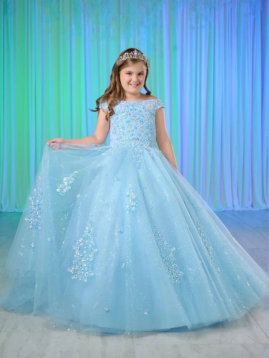 Capture the spotlight in the Tiffany Princess 13764 dress! This stunning pageant dress features an off-the-shoulder design with sequin and shimmer detailing, along with a corset back and sweeping train. Get ready to dazzle the crowd and be the belle of the ball!