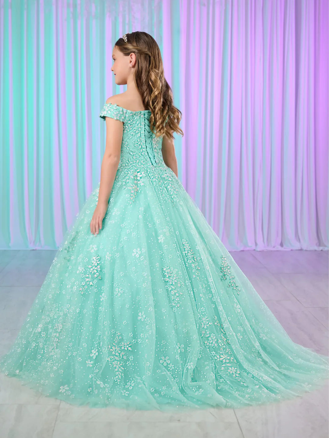 Tiffany Princess 13768 Size 4 Aqua Girls Shimmer Lace Pageant Dress of Glass Slipper Formals