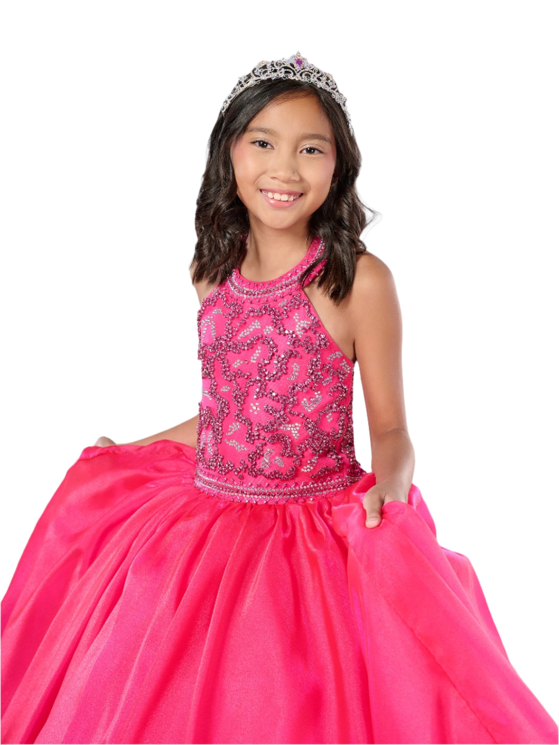 Indulge in luxury with our Tiffany Princess 13786 Girls Pageant Dress. The crystal bodice adds an element of elegance, while the A-line design and high neck form a graceful silhouette. Perfect for a formal event, this dress will make your little girl feel like royalty.