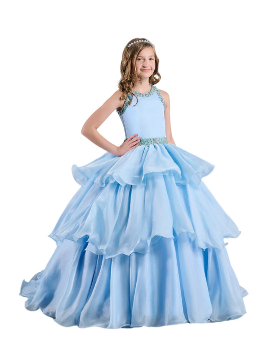 Experience the ultimate in pageant elegance with the Tiffany Princess 13787 Ruffle Layer Girls Pageant Dress. Boasting a stylishly backless design and a stunning crystal neckline, this dress is sure to make a statement. The ruffle layers add a touch of whimsy, while the high neck adds a touch of sophistication. Be the shining star of any pageant