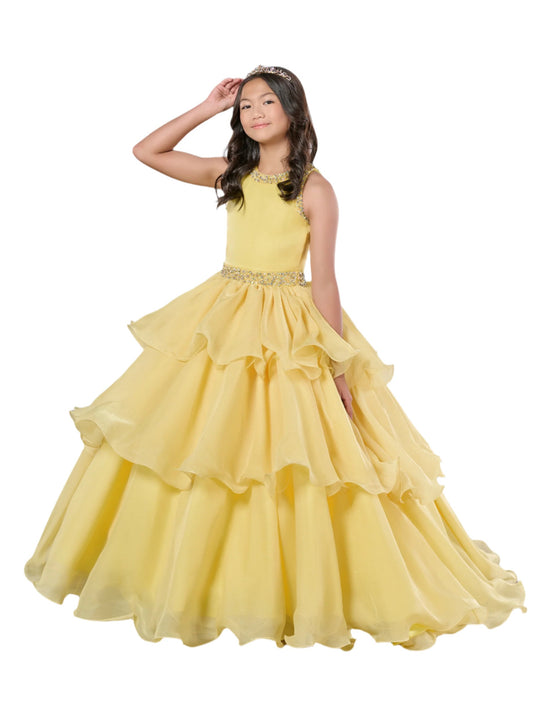 Experience the ultimate in pageant elegance with the Tiffany Princess 13787 Ruffle Layer Girls Pageant Dress. Boasting a stylishly backless design and a stunning crystal neckline, this dress is sure to make a statement. The ruffle layers add a touch of whimsy, while the high neck adds a touch of sophistication. Be the shining star of any pageant